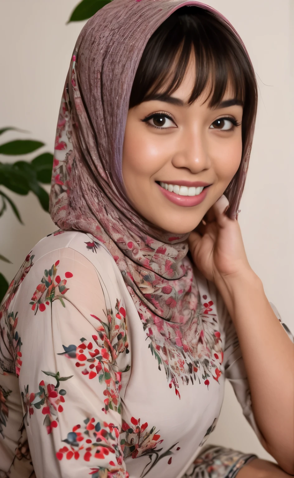 Masterpiece:1.2, high quality, best quality, high resolution, detailed, hyper realistic, 1 malay girl, wear baju kurung, bright short white hair, Shaggy Bob Haircut with Bangs, brown eyes, head tilt, sunset, birds flying, strawberry plant, Portrait, smile, showing teeth, (detailed face), ((sharp focus)), ((face)), upper body, mid shot portrait,