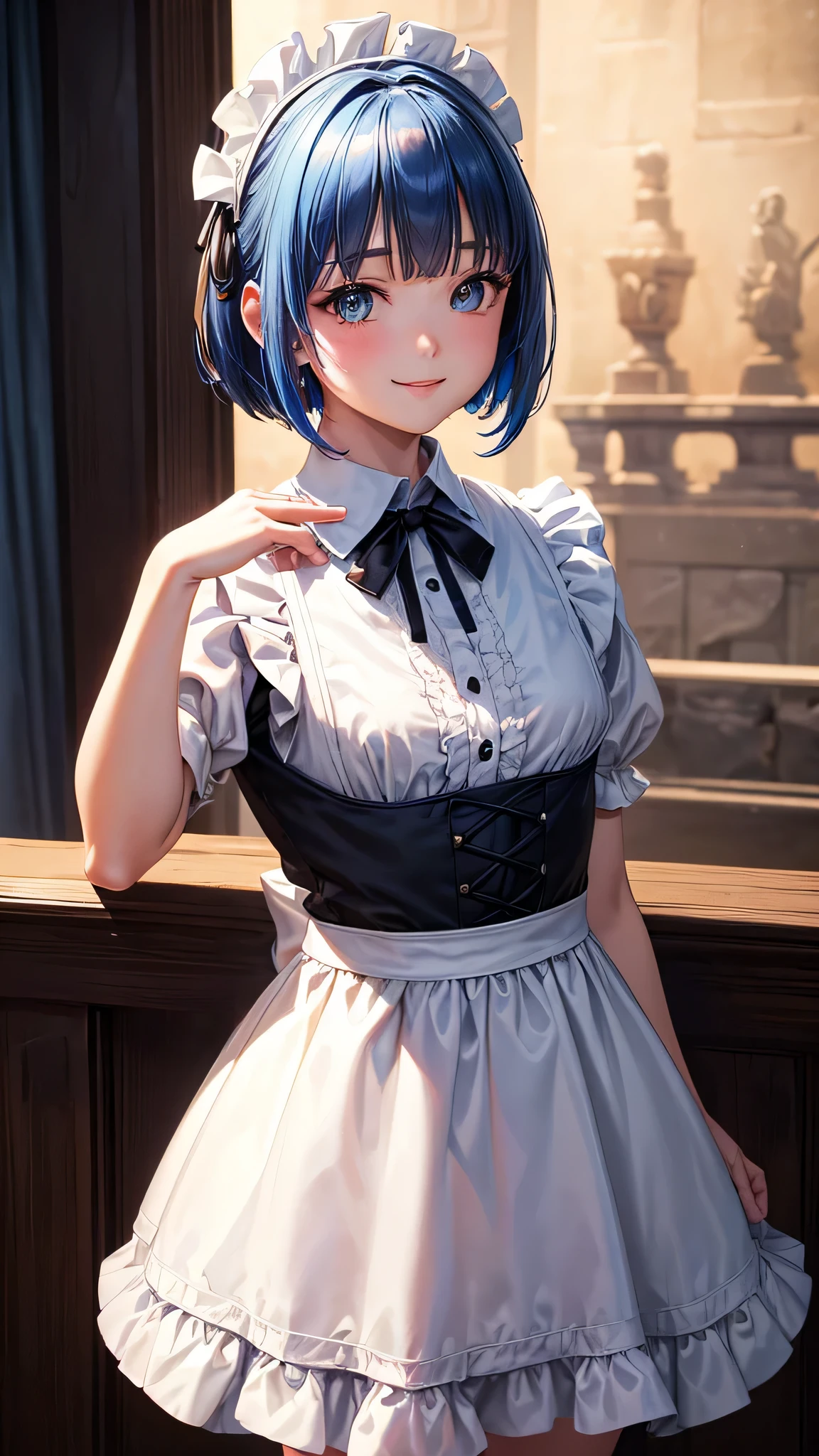 (Close-up:1.4)、(RAW shooting:1.2)、(photorealistic:1.4)、(masterpiece:1.3)、(highest quality:1.4)、solo、7 head and body、(slender and beautiful girl)、cute、(beautiful detailed eyes)、(charming big eyes)、(beautiful double eyelids)、(beautiful and detailed face)、(smile full of joy:1.3)、(Medium chest:1.2)、(cleavage)、(full body shot)、8K、(muste piece:1.2)、(pale blue hair、short bob:1.3)、(Bangs Patsun)、(headdress、white blouse、black ribbon、White Apron、ruffle skirt、puff sleeves、collar、choker、apron with fine ruffles:1.3)、White Knee High Socks、black maid costume、(Sexy model pose with chest sticking out:1.3)、cowboy shot、view audience、(small butt)、(beautiful hands)、(beautiful thighs)、cute系、(perfect anatomy:1.2)、ancient city、