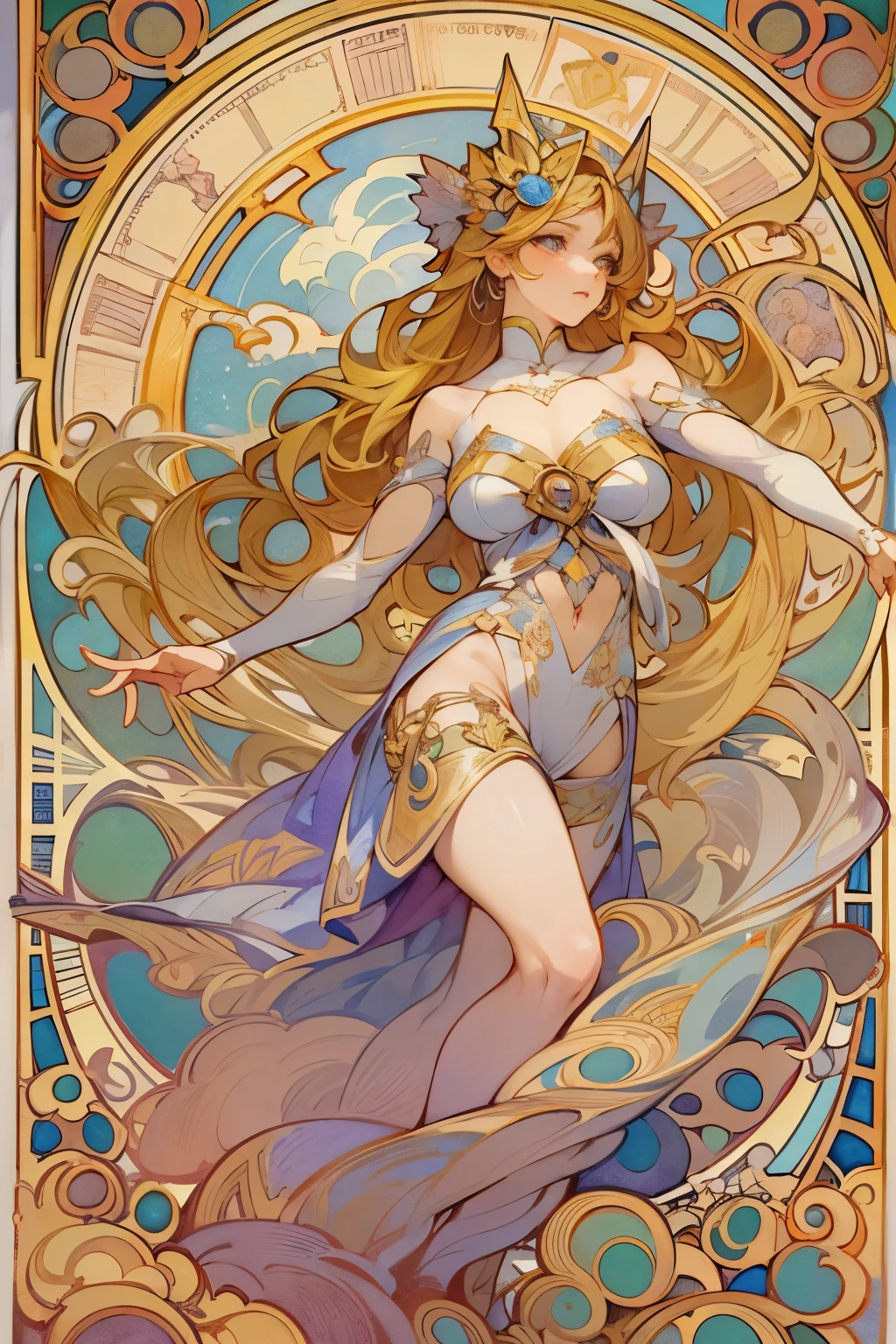 masterpiece, highest quality, ultra high resolution, sharp focus,(Highly detailed CG Unity 8K wallpaper), (highest quality), (best illustrations), Beautiful woman, personification of sagittarius、The upper body of a beautiful human woman and the lower body of a horse、blonde hair、muscular body、Have a bow、horoscope、Mysterious, Alphonse Mucha&#39;s Art Nouveau line, Art Nouveau line,　awesome full color,　watercolor painting　
