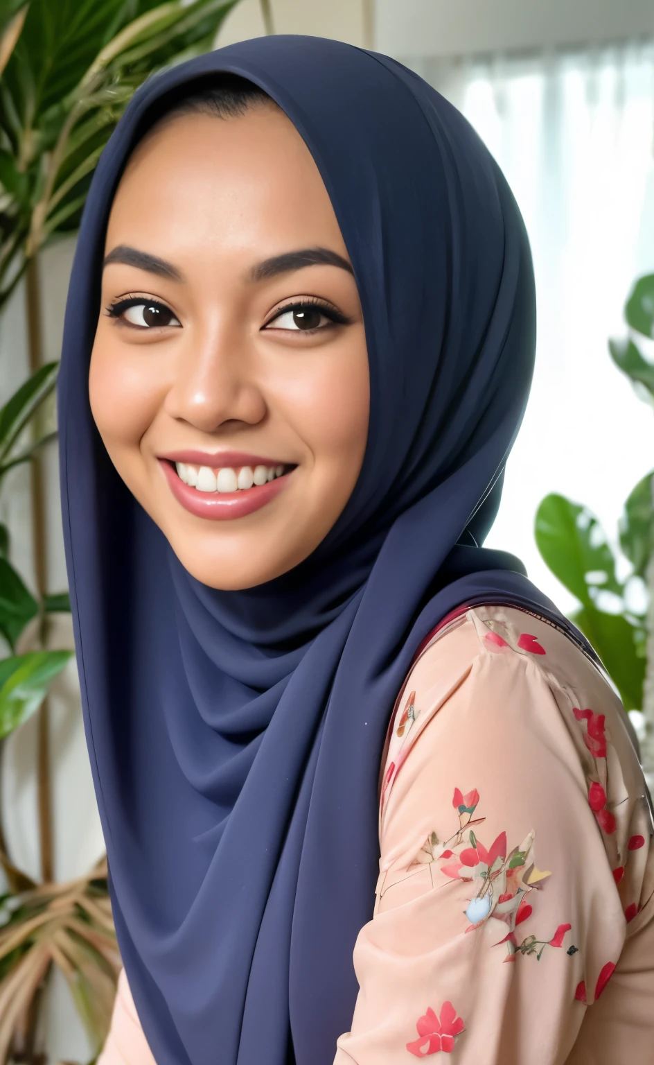 Masterpiece:1.2, high quality, best quality, high resolution, detailed, hyper realistic, 1 malay girl, wear baju kurung, bright short white hair, Shaggy Bob Haircut with Bangs, brown eyes, head tilt, sunset, birds flying, strawberry plant, Portrait, smile, showing teeth, (detailed face), ((sharp focus)), ((face)), upper body, mid shot portrait,