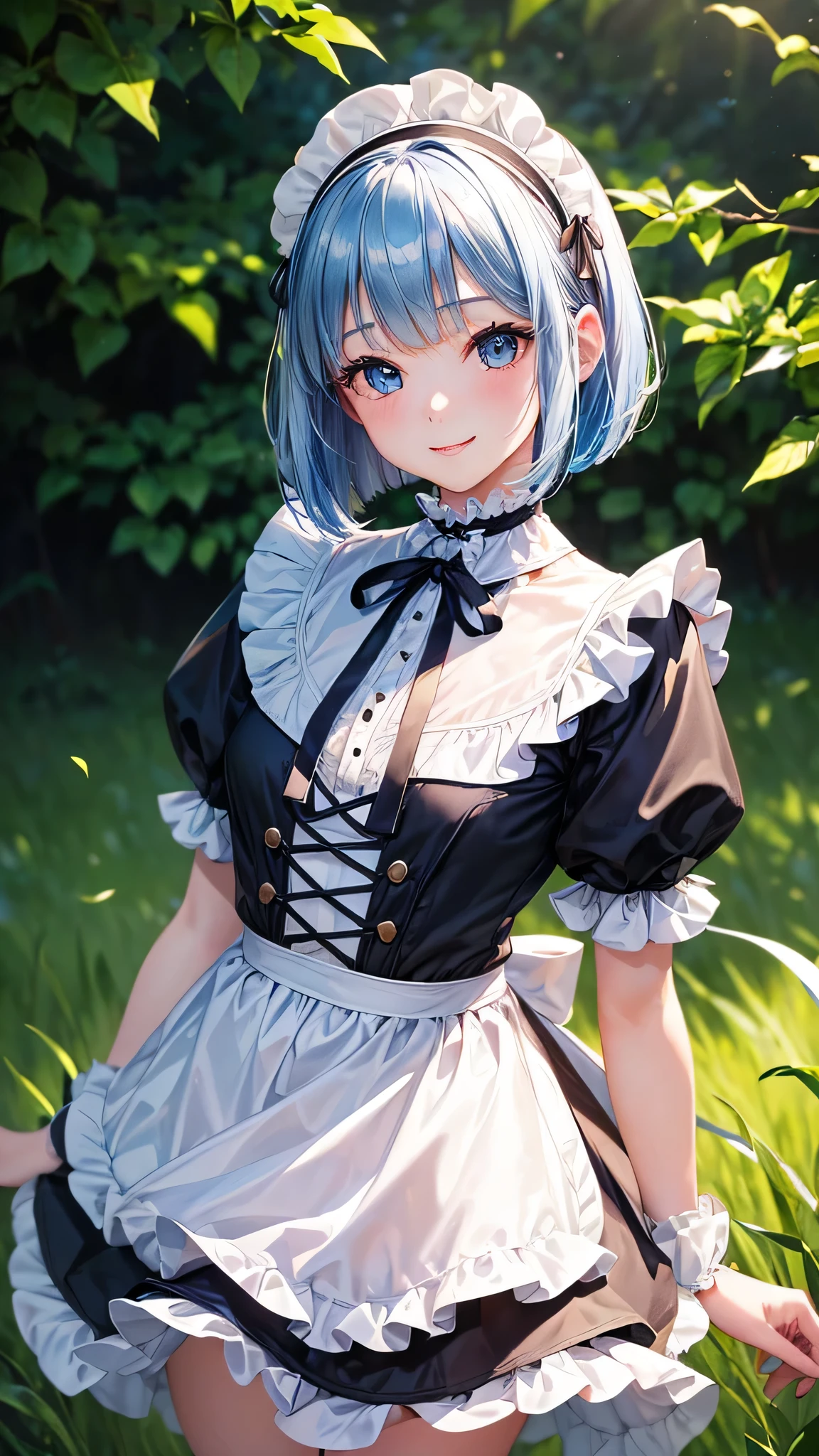 (Close-up:1.4)、(RAW shooting:1.2)、(photorealistic:1.4)、(masterpiece:1.3)、(highest quality:1.4)、solo、7 head and body、(slender and beautiful girl)、cute、(beautiful detailed eyes)、(charming big eyes)、(beautiful double eyelids)、(beautiful and detailed face)、(smile full of joy:1.3)、(Medium chest:1.2)、(full body shot)、8K、(muste piece:1.2)、(pale blue hair、short bob:1.3)、(Bangs Patsun)、(headdress、white blouse、black ribbon、White Apron、ruffle skirt、puff sleeves、collar、choker、apron with fine ruffles：1.3)、White Knee High Socks、black maid costume、(Sexy model pose with chest sticking out:1.3)、cowboy shot、view audience、(small butt)、(beautiful hands)、(beautiful thighs)、cute系、(perfect anatomy:1.2)、ancient city、