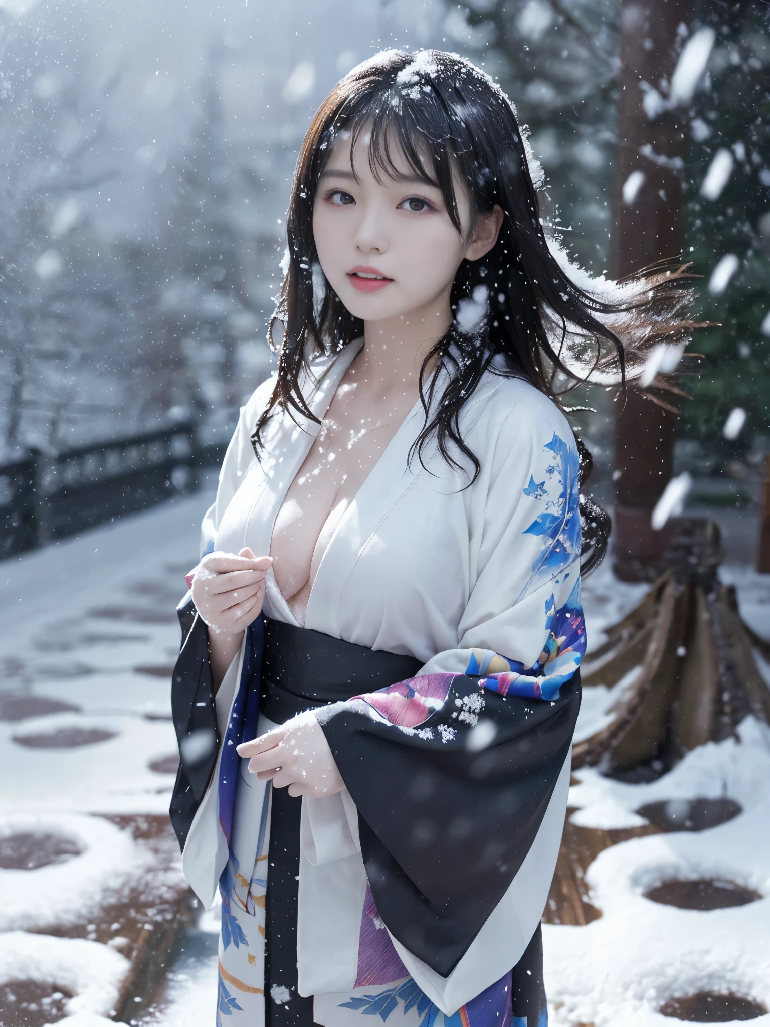 (kimono)、、(highest quality,masterpiece:1.3,ultra high resolution,),(Super detailed,caustics),(Photoreal:1.4,RAW shooting,)ultra-realistic capture,very detailed,High resolution 16K resolution perfect for human skin、 natural skin texture、、Skin tone looks even and healthy、 Use natural light and color,one woman,Japanese,,cute,black haired,middle hair,(written boundary depth、chromatic aberration、、wide range of lighting、natural shading、)、big breasts、(falling snow:1.3)、(hair swaying in the wind:1.2)、(Snow reflects light:1.3)