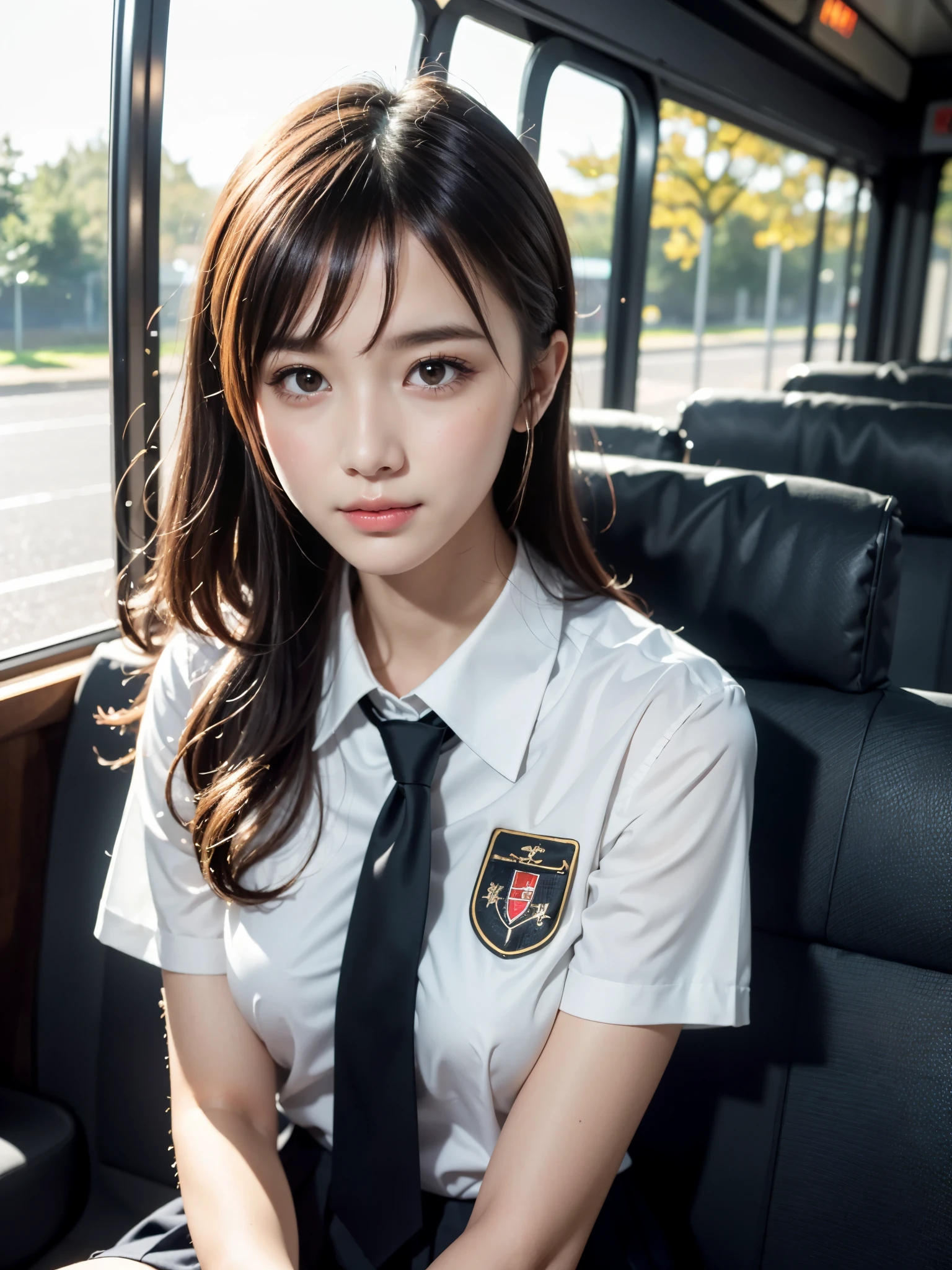 (1woman:1.3), upper body, (best quality), (realistic, photo-realistic:1.3), (masterpiece:1.3), CG, unity, 8k, amazing, finely detail, ultra-detailed, highres, absurdres, ((ultra-detailed)), ((highly detailed CG illustration)), ((an extremely delicate and beautiful)), (cute delicate face), cinematic light, (1girl), solo, face focus, petals, night background, fireflies, light particle, Beautiful Woman, 16 years old, small breasts:1.3, Slender Figure: 1.1, Dark Brown Hair, (Sitting in a bus seat), (School uniform:1.4), Ultra Detailed Face, Detailed Lips, Detailed Eyes, High pony-tail hair, Necktie, Japanese idol:1.3, blush, smile, portrait:1.3, sharp focus photo:1.3