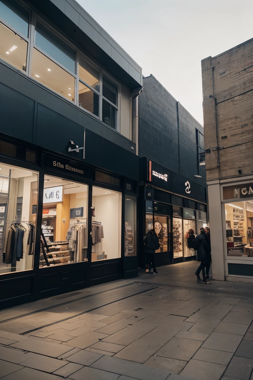 A perspective photo of a clothing store facade on a commercial street, with other shops beside it, people walking by, The store facade is modern and inviting, featuring stylish windows and attractive lighting, The neighboring shops display a variety of architectural styles, from classic to contemporary, The movement of people on the street adds dynamism to the scene, conveying an atmosphere of urban activity and vitality, Photography, using a wide-angle lens to capture the breadth of the street and the perspective of the facade, --ar 16:9 --v 5





