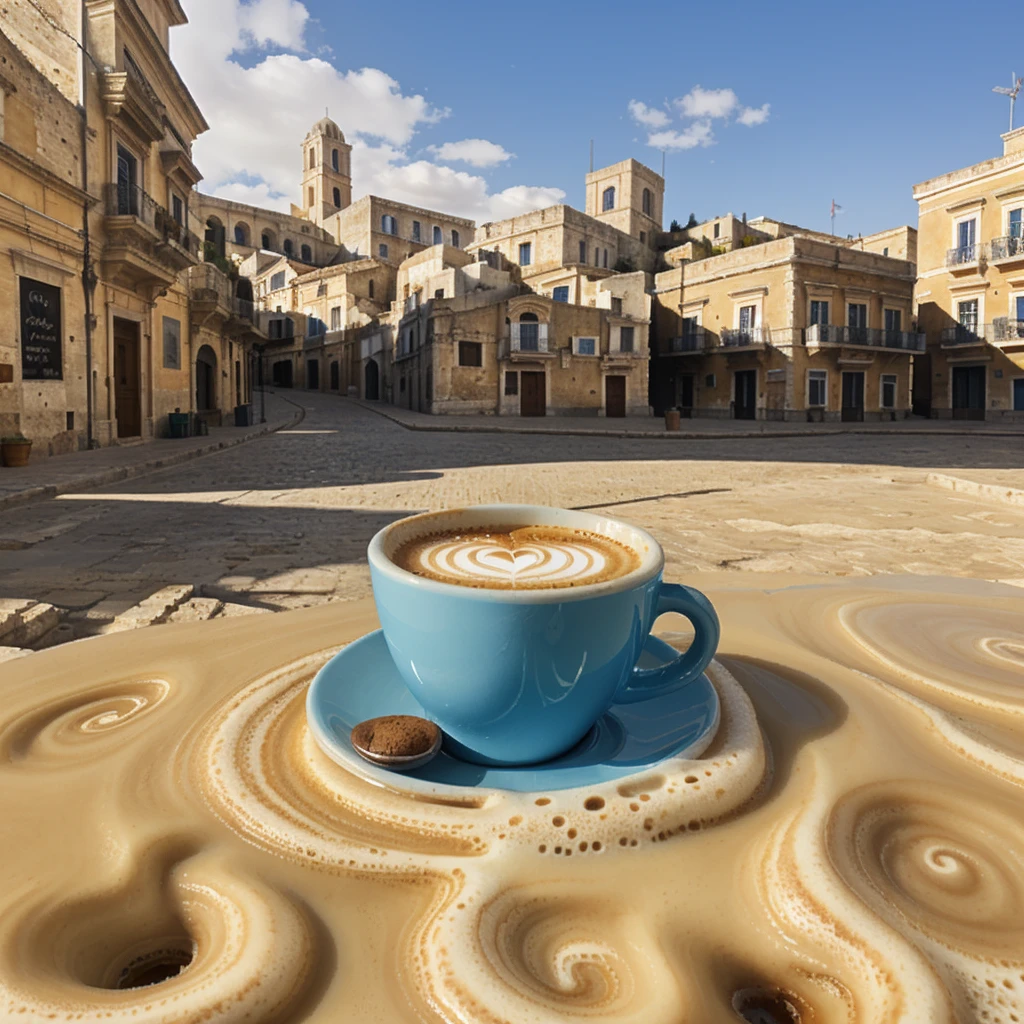 There is a blue coffee cup. sassi_di_matera emerging from beige cappuccino foam. High detailed city of Matera
(There is a blue coffee cup. sassi_di_matera emerging from beige cappuccino foam. High detailed city of Matera)
