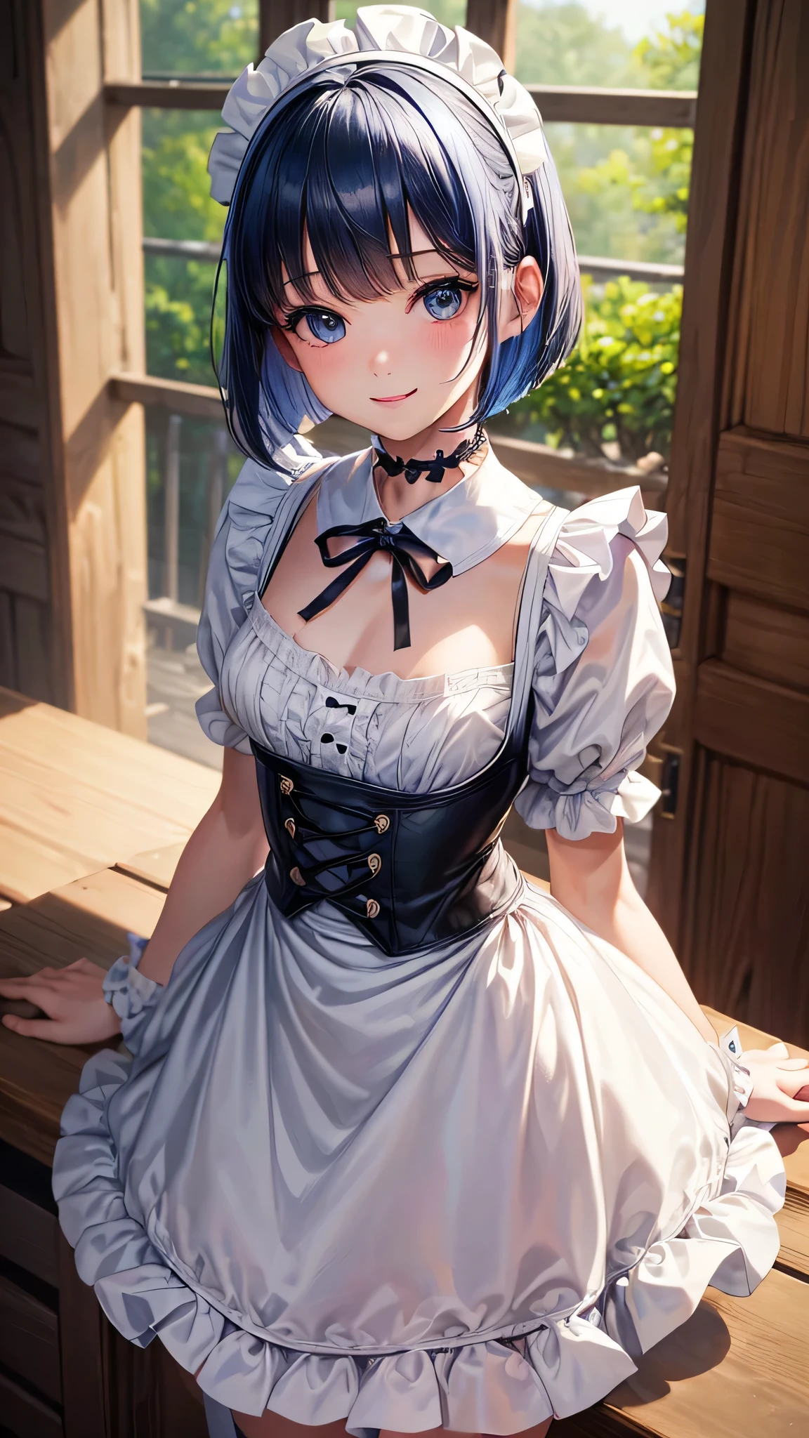 (Close-up:1.4)、(RAW shooting:1.2)、(photorealistic:1.4)、(masterpiece:1.3)、(highest quality:1.4)、solo、7 head and body、(slender and beautiful girl)、cute、(beautiful detailed eyes)、(charming big eyes)、(beautiful double eyelids)、(beautiful and detailed face)、(smile full of joy:1.3)、(Medium chest:1.2)、(cleavage)、(full body shot)、8K、(muste piece:1.2)、(pale blue hair、short bob:1.3)、(Bangs Patsun)、(headdress、white blouse、black ribbon、White Apron、ruffle skirt、puff sleeves、collar、choker、apron with fine ruffles：1.3)、White Knee High Socks、black maid costume、(Sexy model pose with chest sticking out:1.3)、cowboy shot、view audience、(small butt)、(beautiful hands)、(beautiful thighs)、cute系、(perfect anatomy:1.2)、ancient city、