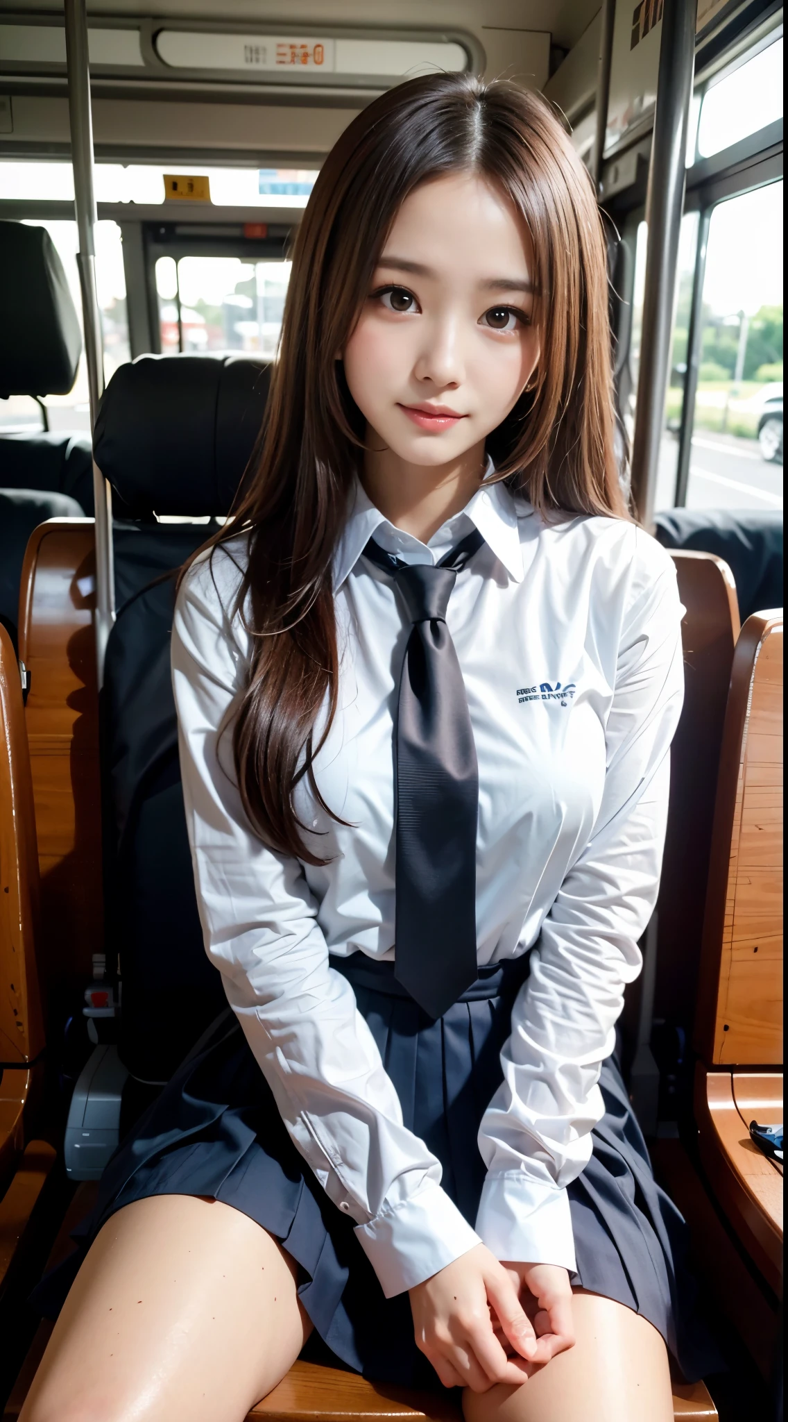 (1woman:1.3), (Top Quality, 8k, Masterpiece:1.3), Beautiful Woman, ************, small breasts:1.3, Slender Figure: 1.1, Dark Brown Hair, (Sitting in a bus seat),  (School uniform:1.4), Ultra Detailed Face, Detailed Lips, Detailed Eyes, High pony-tail hair, Necktie, Japanese idol:1.3, smile, portrait:1.3, sharp focus photo:1.3