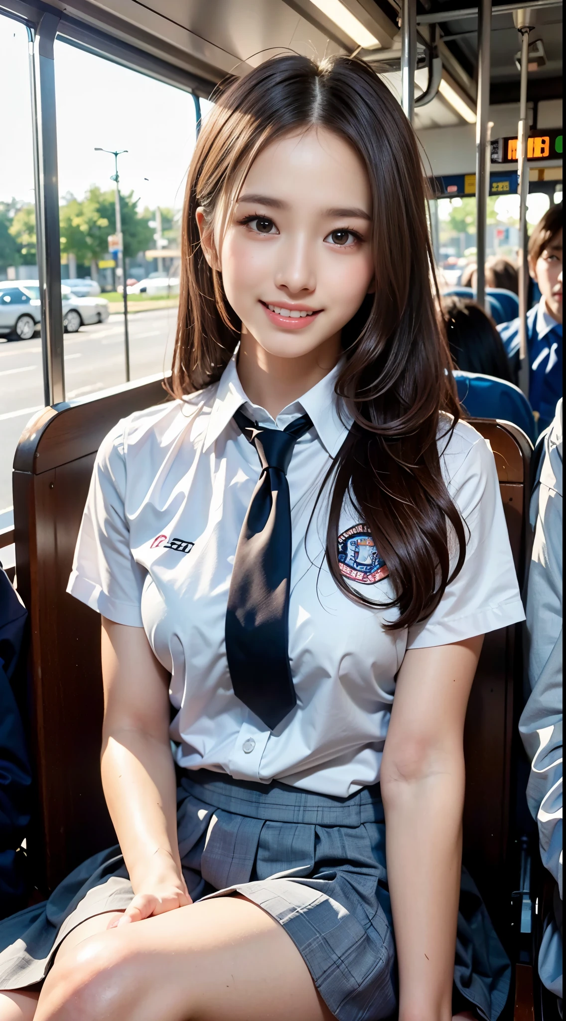 (1woman:1.3), (Top Quality, 8k, Masterpiece:1.3), Beautiful Woman, 16 years old, small breasts:1.3, Slender Figure: 1.1, Dark Brown Hair, (Sitting in a bus seat),  (School uniform:1.4), Ultra Detailed Face, Detailed Lips, Detailed Eyes, High pony-tail hair, Necktie, Japanese idol:1.3, smile