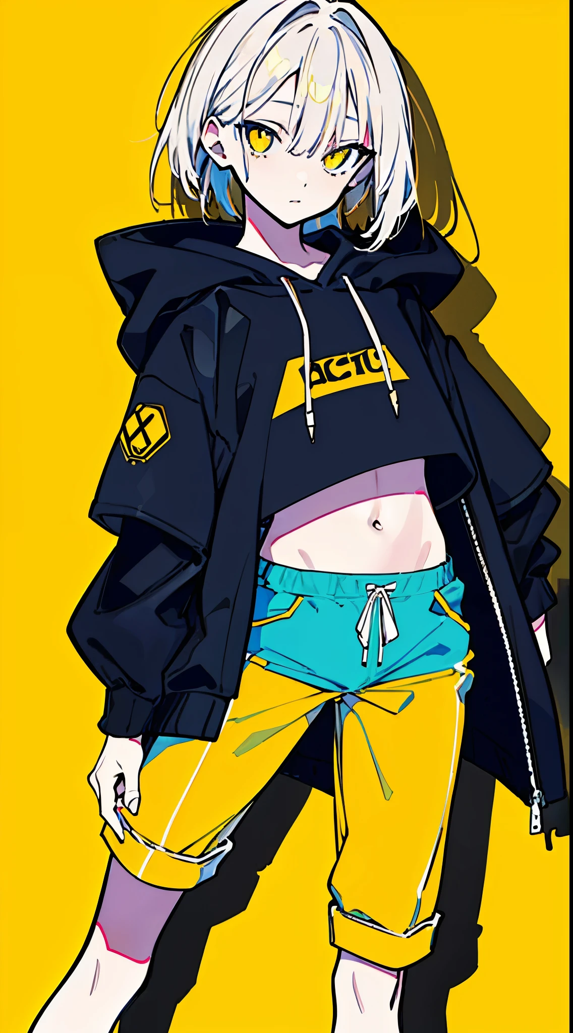 (masterpiece, highest quality:1.6), alone, thick outline, (simple background, Dark yellow background, monochrome, dark yellow theme:1.2), official art, Key Visual, 8K, disorganized, whole body, (Unique hair, Oversized Hoodies, hot pants, arch back, short torso:1.2), belly button, thighs, cowboy shot, HDR, sharp focus, High resolution, most detailed, very detailed, Super detailed, finely, detailed eyes and face, sharp pupils, realistic student