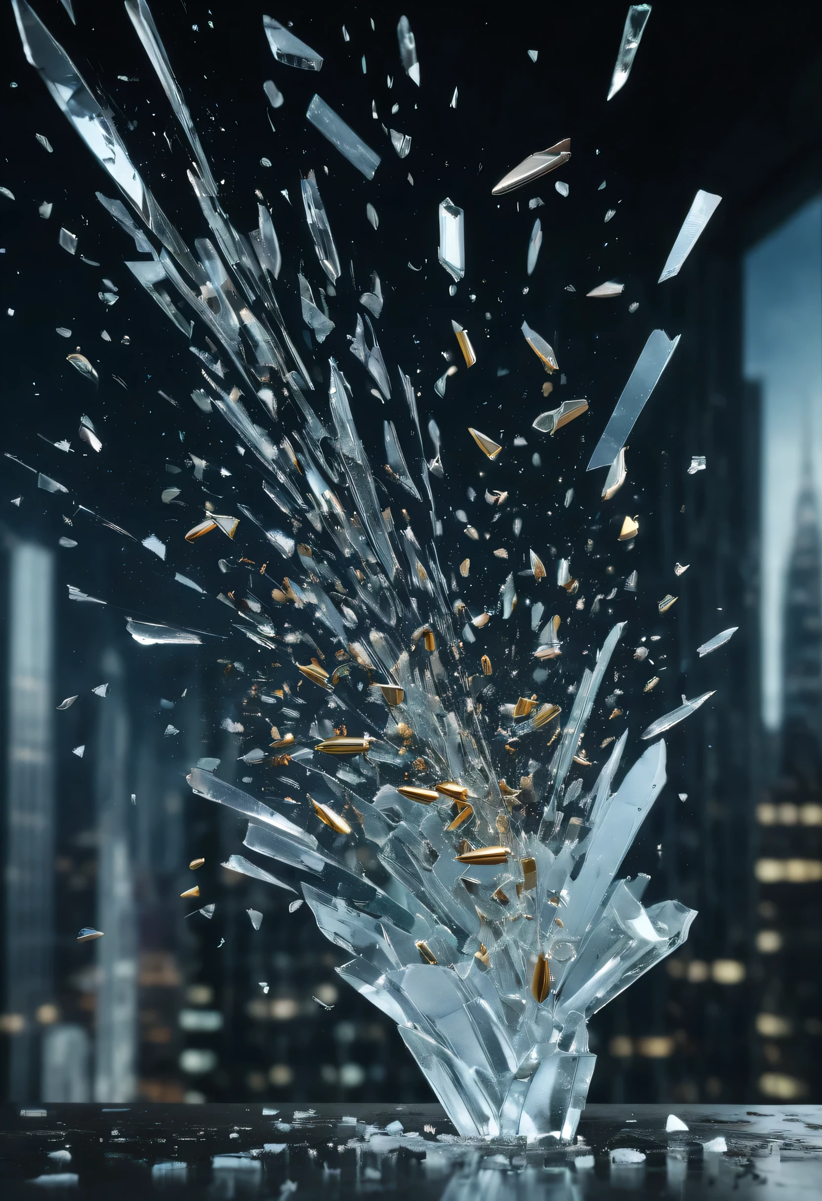 Bullets flew through the air,Break the glass,Freeze in time,(best quality,4K,8k,high-rise building,masterpiece:1.2),Super detailed,(lifelike,照片lifelike,The photos are real:1.37),metallic feel,Shattered glass fragments,motion blur,high speed photography,Dramatic lighting effects,Intense color,(slow motion,Time freezes),dynamic composition,Bullet trajectory,Frozen glass shards,