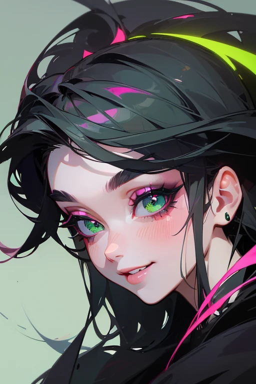 (highest quality, masterpiece:1.2), High resolution, Super detailed, realistic:1.37, fantasy, An illustration, green eyes、pink and black dress、Platinum decoration、beautifully、Eyeshadow Red、dark eyebrows、long eyelashes、Pupils are black、Hair is light green、toothy smile
