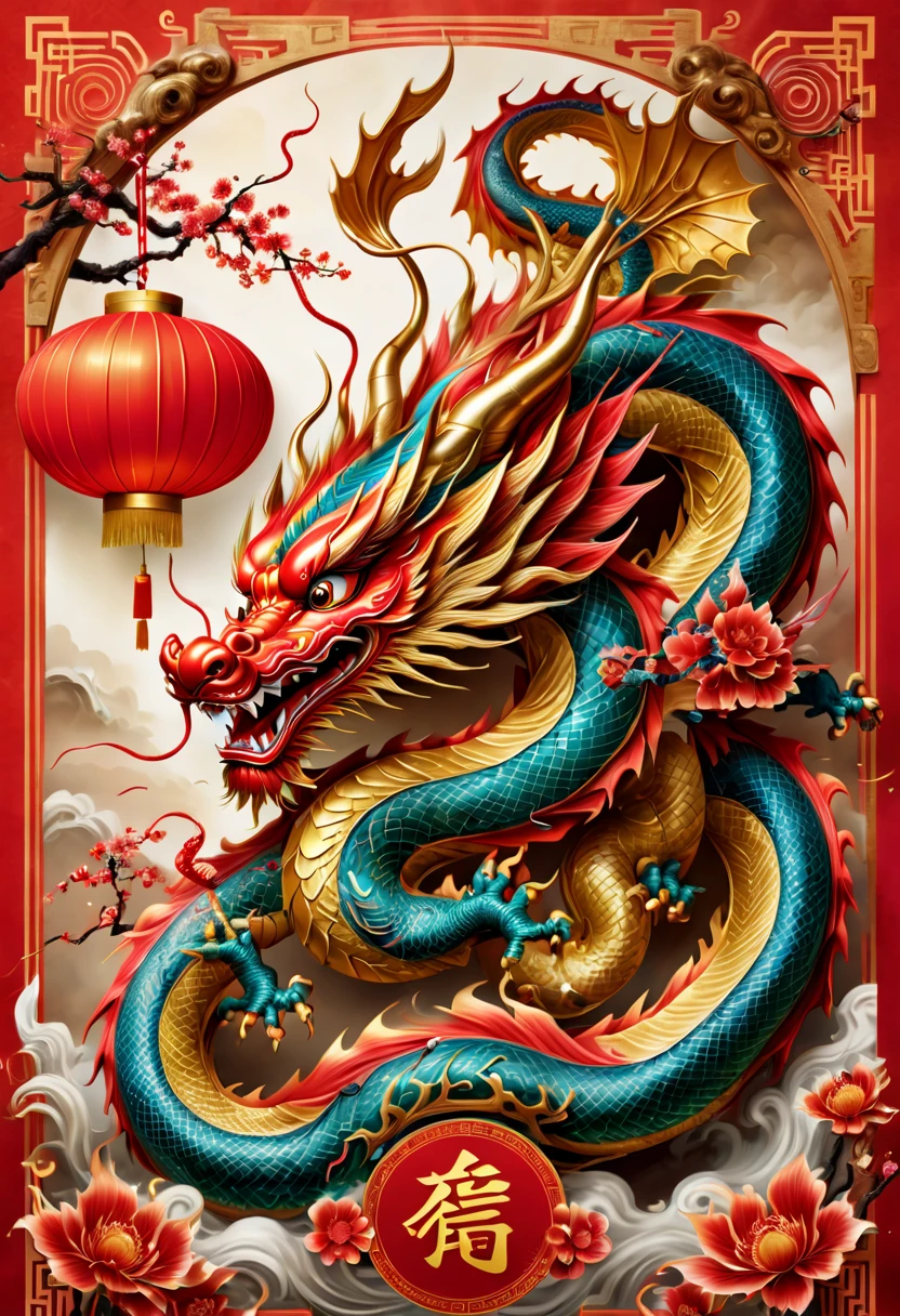 
/imagine a Chinese dragon celebrating the Chinese New Year in a vibrant, festive atmosphere. The dragon is majestic and powerful, with a long, curling body and a fierce expression. The background is filled with traditional Chinese decorations and symbols, such as lanterns, fireworks, and coins. The colors are bright and bold, creating a lively and energetic scene. This image would be perfect for a poster or a red envelope cover, conveying the spirit of the Chinese New Year and the power of the dragon.