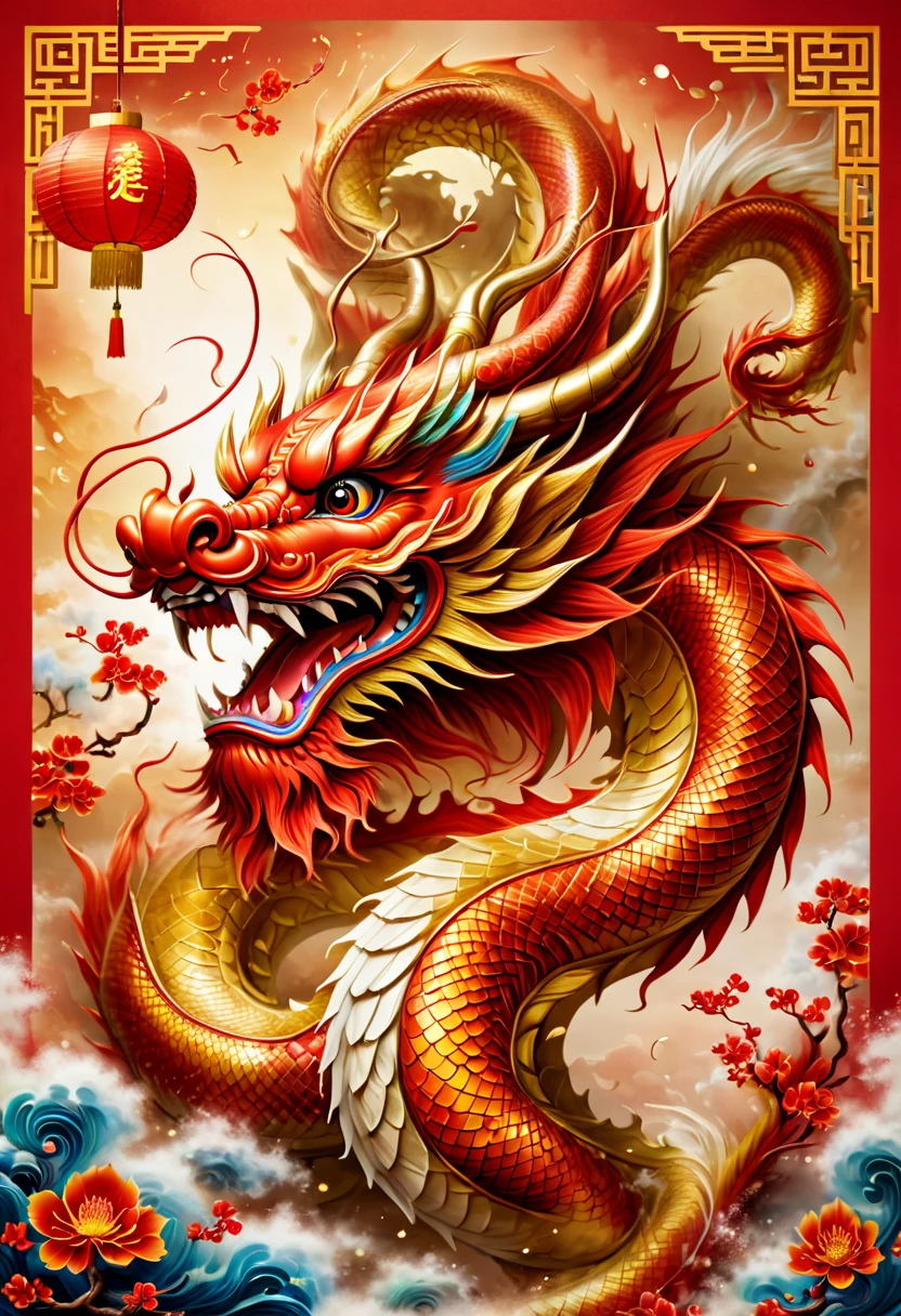 
/imagine a Chinese dragon celebrating the Chinese New Year in a vibrant, festive atmosphere. The dragon is majestic and powerful, with a long, curling body and a fierce expression. The background is filled with traditional Chinese decorations and symbols, such as lanterns, fireworks, and coins. The colors are bright and bold, creating a lively and energetic scene. This image would be perfect for a poster or a red envelope cover, conveying the spirit of the Chinese New Year and the power of the dragon.