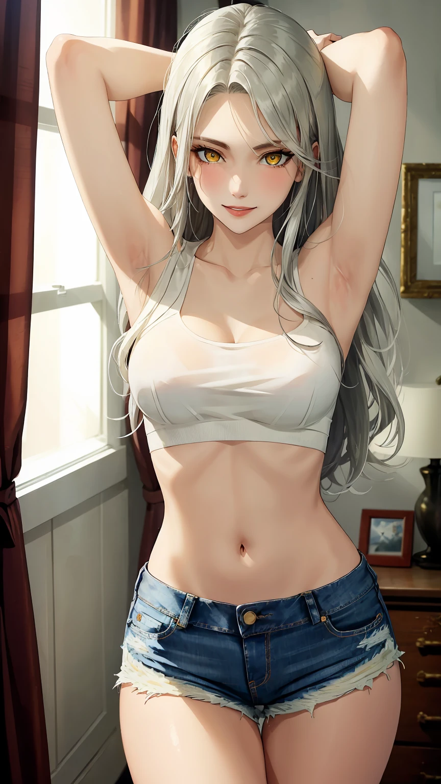 ((((masterpiece, best quality, high resolution)))), (1girl:1.5), ((long silky hair, silver hair, yellow eyes, sharp eyes)), (average breasts:1.2), blush, (light smile, parted lips), glow, thighs, bare shoulders, collarbone, narrow waist, (slender body figure), (beautiful detailed face, beautiful detailed eyes), ((white crop top, see through material, jeans shorts)), (stretching), arms up, looking at viewer, bedroom, (cowboy shot)