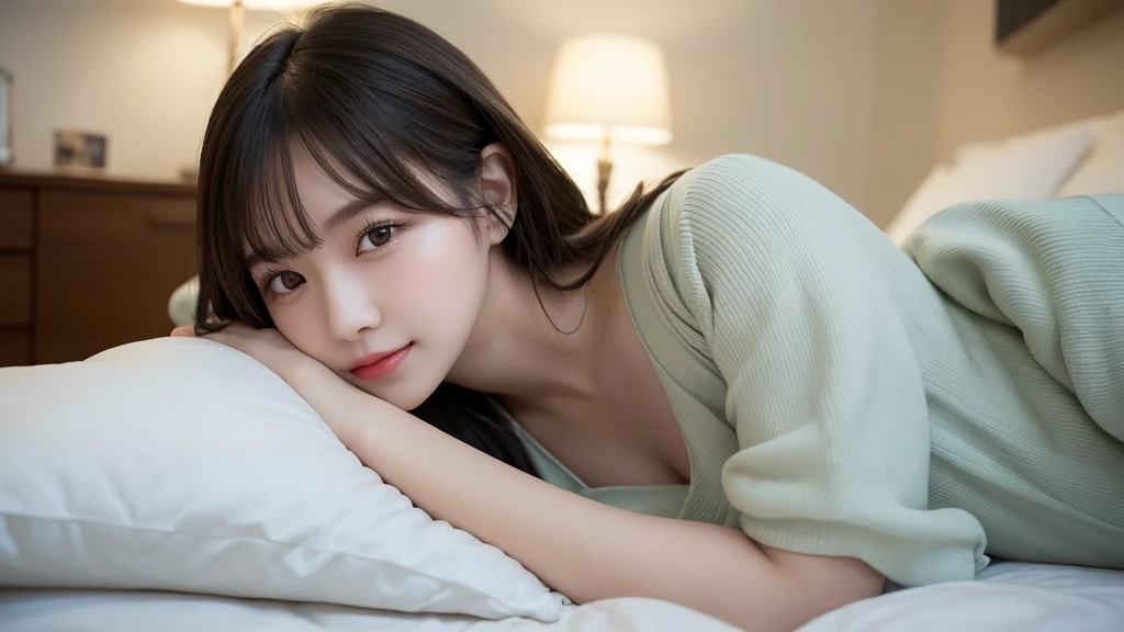 table top, highest quality, shape, Super detailed, finely, High resolution, 8k wallpaper, 完璧なダイナミックな構shape, on the bed,one girl, beautiful and detailed eyes, pajamas, ランダムなcute髪,natural color lip, lie in bed, Co-sleeping,bold sexy pose,smile、20 year old girl、cute、sexy shot looking at camera,Always blur the background,perfect and beautiful face,Take only the face,beautiful and detailed face、slim face and style,Big eyes、Do gal makeup