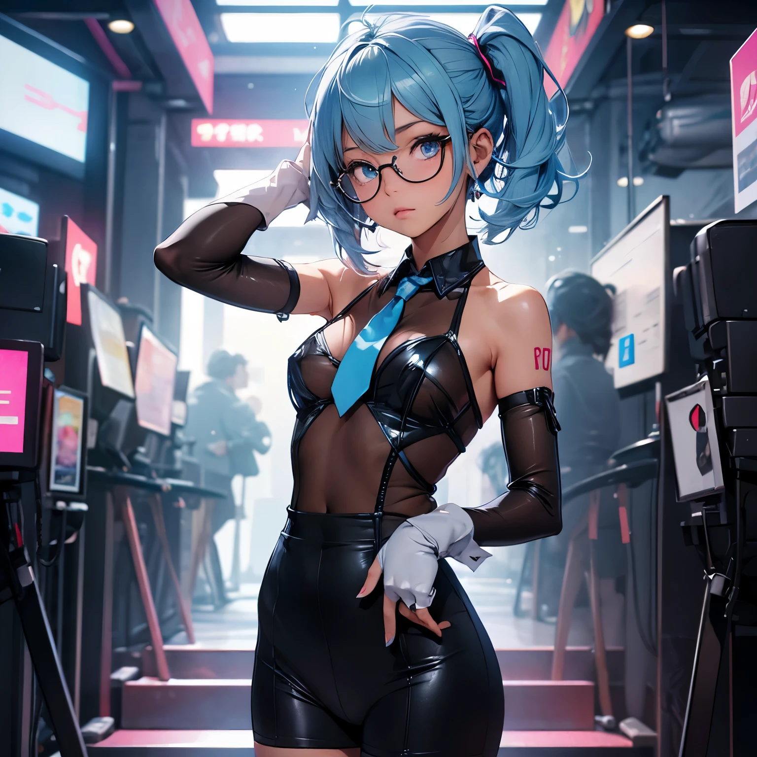 (quality)), ((masterpiece)), Recommended resultsluffly、(see through:1.5)、whole body 、Swollen nipples，straighten your back、huge bust、angle to floor:1.2、low camera angle、Hair loss on crotch、Whole body facing the camera，Hair can be seen on the crotch，Hatsune Miku, 1 girl, (alone:1.2), ((masterpiece)), [Slim], (), ((exquisite eyes)), (bokeh effect), medium shot, Yuradev, (light blue hair), short hair, black hair band, (blue gloves), (blue tie), elegant，silver glasses