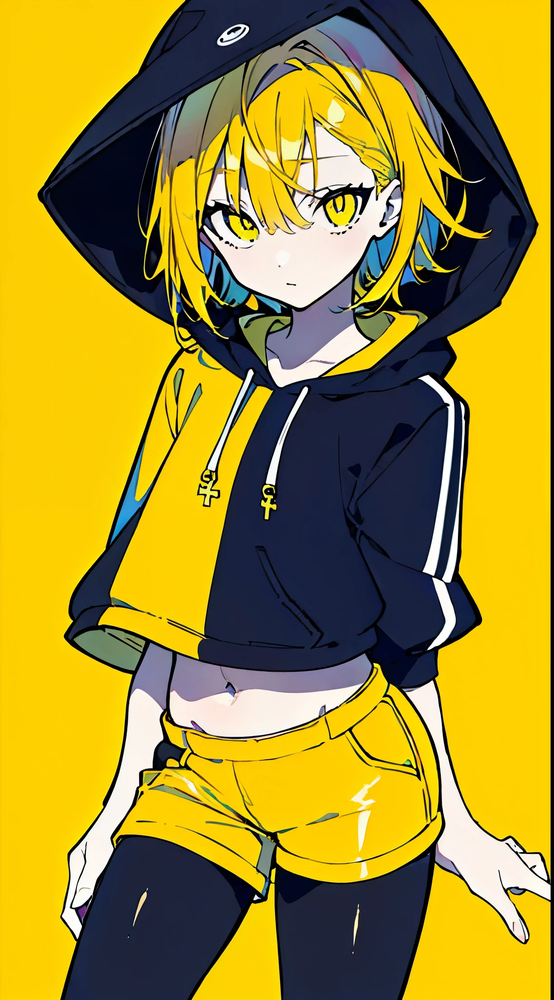 (masterpiece, highest quality:1.6), alone, thick outline, (simple background, Dark yellow background, monochrome, dark yellow theme:1.2), official art, Key Visual, 8K, disorganized, whole body, (Unique hair, Oversized Hoodies, hot pants, arch back, short torso:1.2), belly button, thighs, cowboy shot, HDR, sharp focus, High resolution, most detailed, very detailed, Super detailed, finely, detailed eyes and face, sharp pupils, realistic student