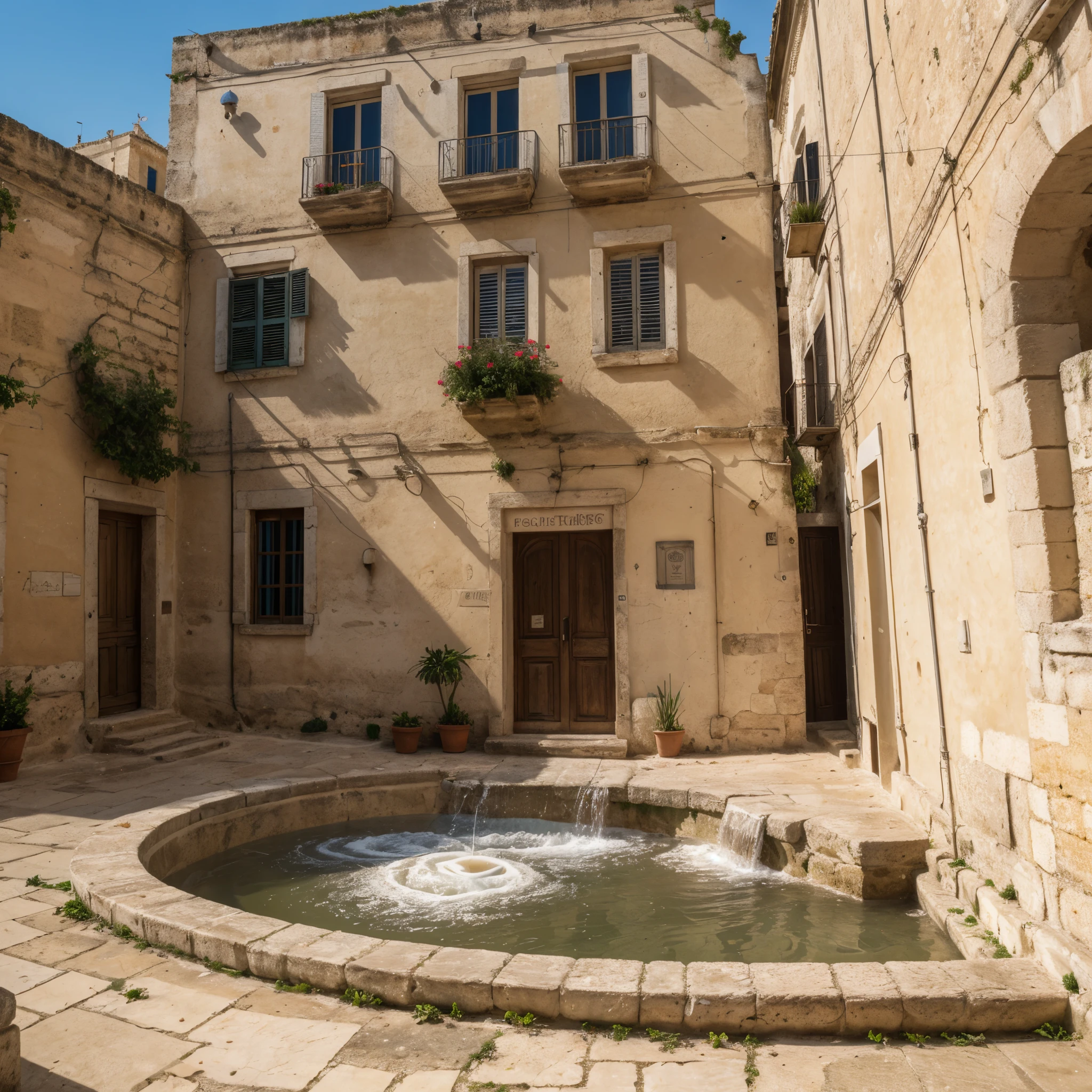 There is a blue coffee cup. sassi_di_matera emerging from beige cappuccino foam.  High detailed city of Matera
