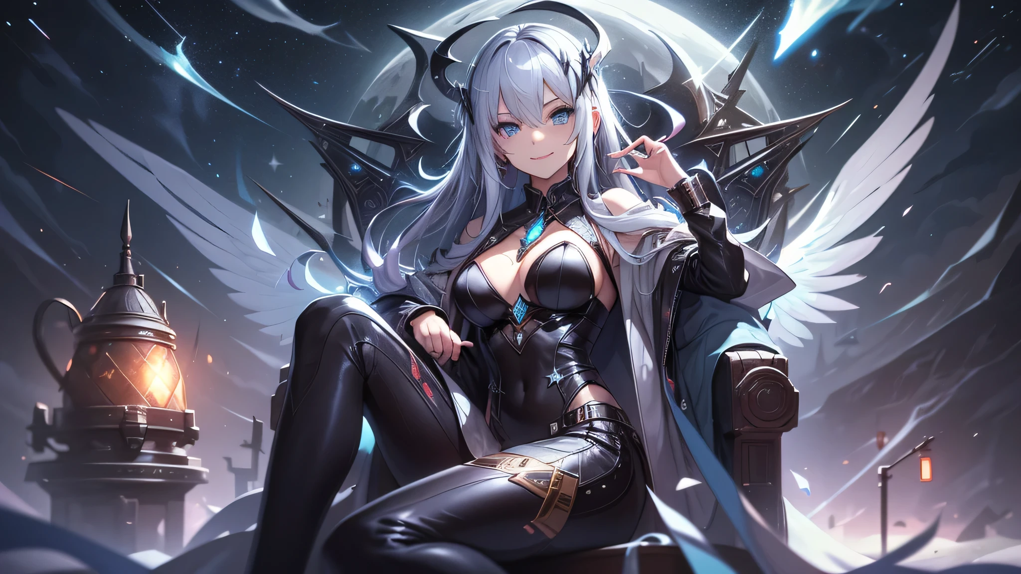 最high quality、best image quality、masterpiece、teenage girl((18-year-old、 By becoming、vest bust、medium bust,wide open breast tea、black eye, gray hair、long hair、thin,highest valley、Love for space、Cosmic dress、sit、open your legs、Bad attitude、white pants、smile)),high quality、beautiful art、background((glowing chair,Lunar surface、Mysterious space、dancing white wings、glowing laser))debris flies、Depth of written boundary、movie、visual art、perfect art、8K,genuine