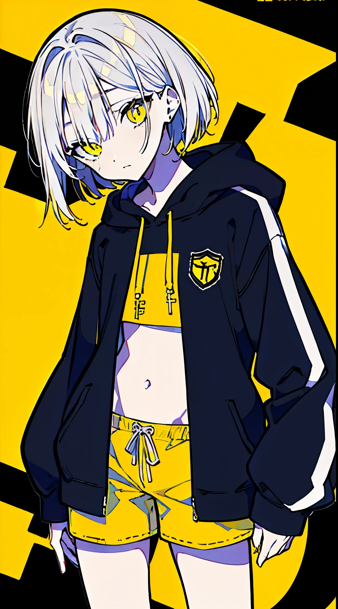 (masterpiece, highest quality:1.6), alone, thick outline, (simple background, Dark yellow background, monochrome, dark yellow theme:1.2), official art, Key Visual, 8K, disorganized, whole body, (Unique hair, Oversized Hoodies, hot pants, arch back, short torso:1.2), belly button, thighs, cowboy shot, HDR, sharp focus, High resolution, most detailed, very detailed, Super detailed, finely, detailed eyes and face, sharp pupils, realistic student