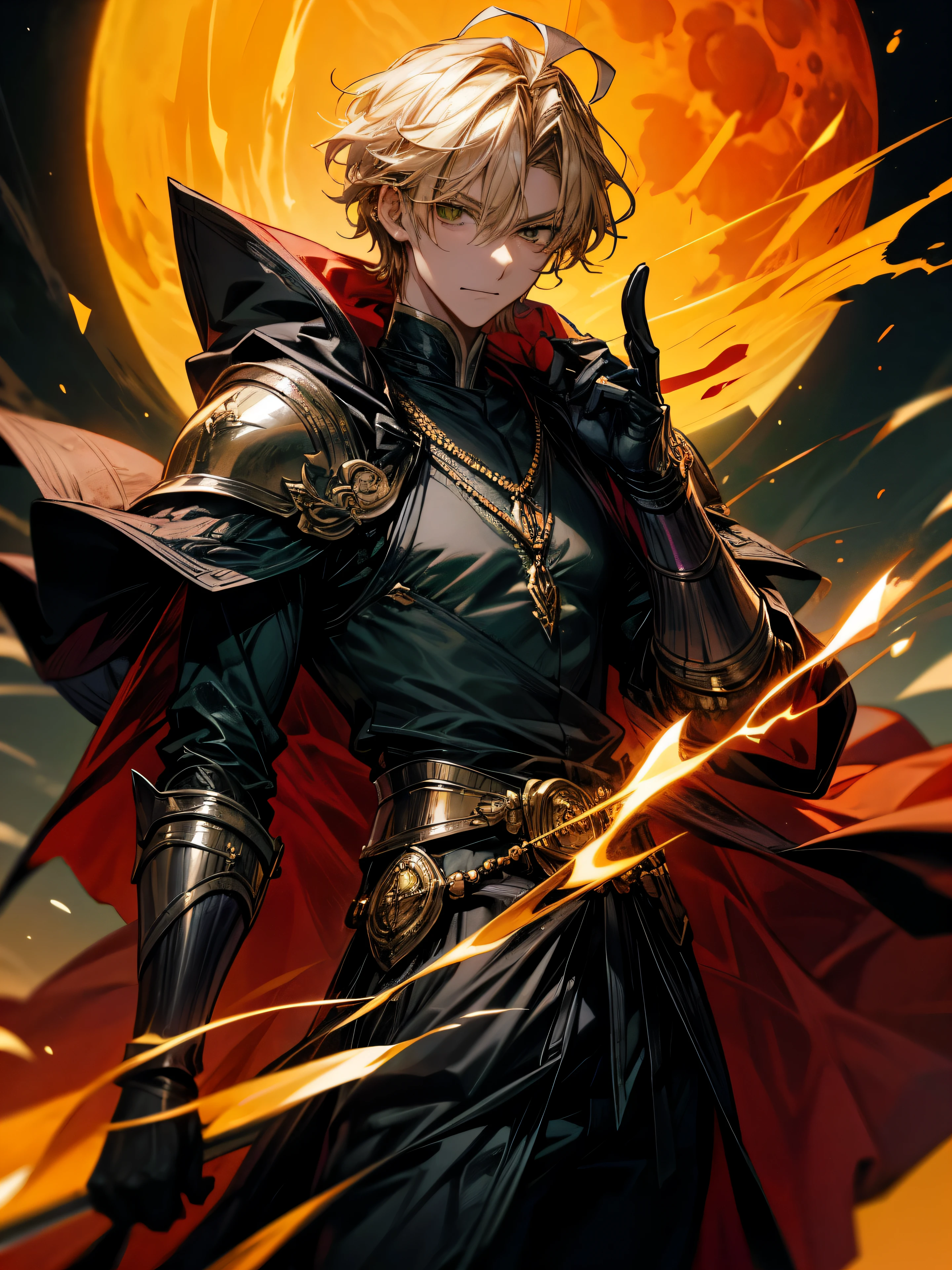 Gere uma imagem de um personagem com os seguintes atributos: ((melhor qualidade)), ((1 PERSONAGEM)). The character is a man with wheat-colored hair, honey amber eyes, a noble and mature appearance, vestindo uma armadura preta coberta por um manto verde. The hair is short and wavy, with a neutral expression. The character is adorned with a crescent moon, completo, e colar de lua minguante, bem como um colar de ametista. lua de sangue. The style is manga, Pose Nobre