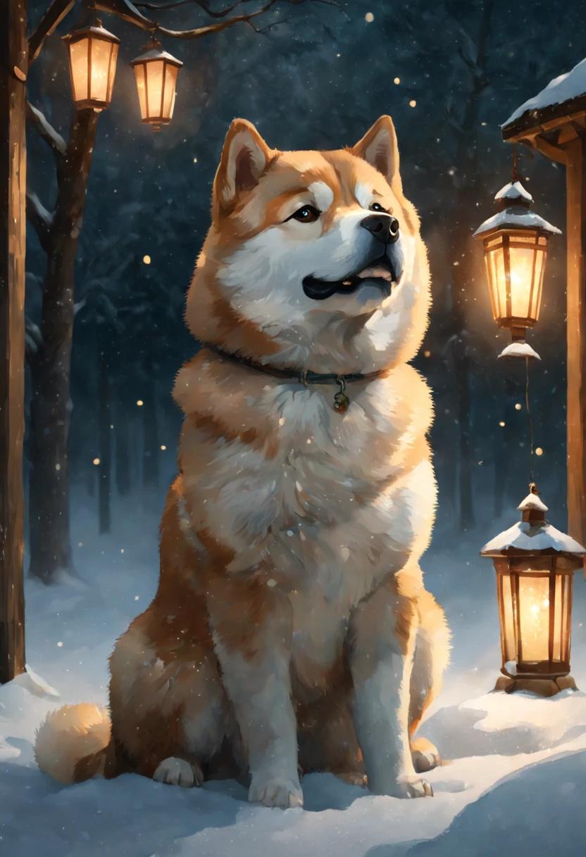 breathtaking Hachiko the Akita-inu in a poignant watercolor, waiting under a softly lit lantern, snow gently falling, (E. H. Shepard illustration style:1.3), (pastel palette:1.1), (emotive brushwork:1.2), (tranquil atmosphere:1.2), (textured paper effect:1.2) . award-winning, professional, highly detailed, 8k resolution concept art by Greg Rutkowski dynamic lighting hyperdetailed intricately detailed Splash art trending on Artstation triadic colors Unreal Engine 5 volumetric lighting Alphonse Mucha WLOP Jordan Grimmer orange and teal