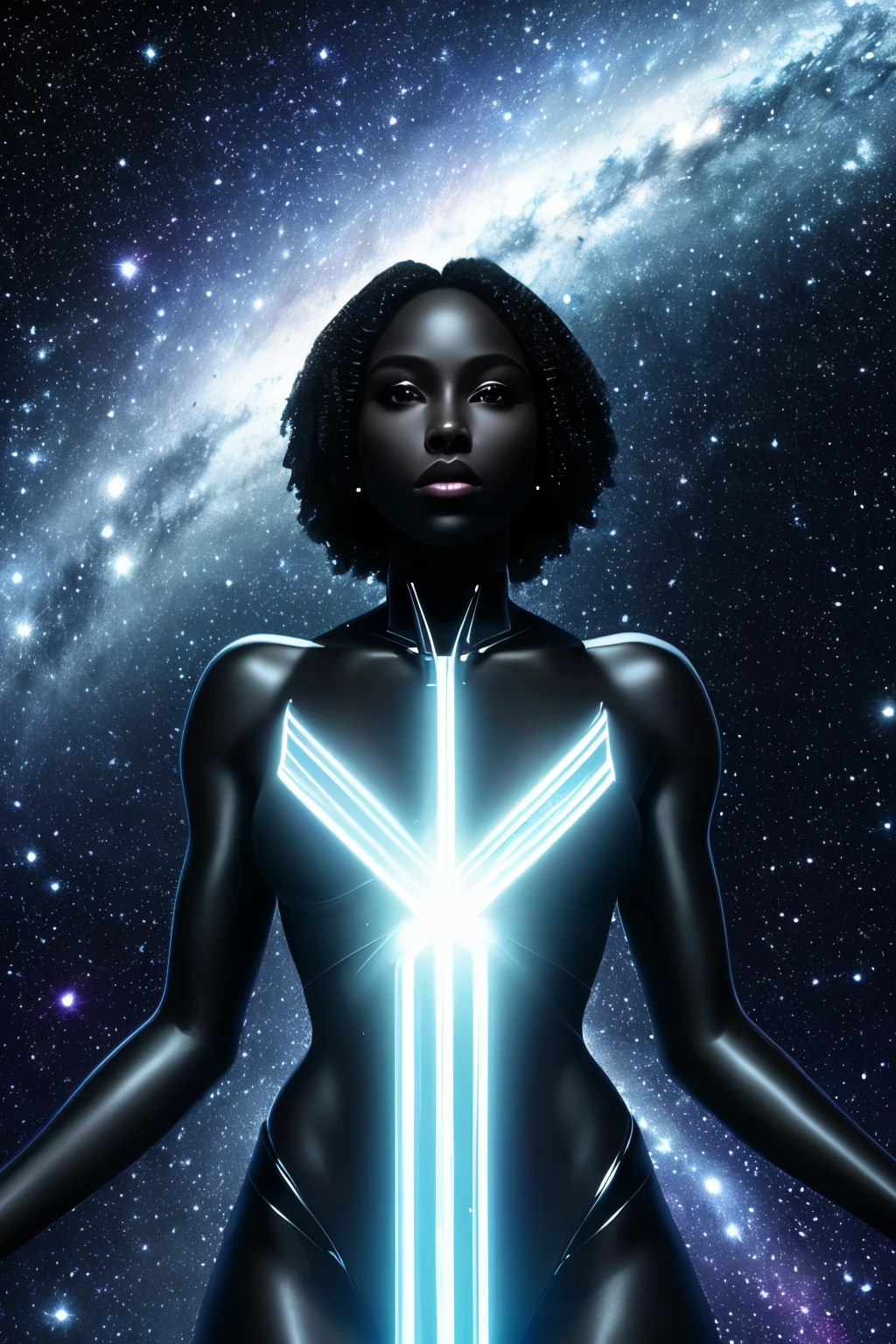 A full body shot of a black woman, the embodiment of the universe and galaxy, floating serenely in an empty, dark room. Her silhouette, delineated in stark contrast against the obsidian backdrop, exudes an ethereal radiance. The dark room is subtly illuminated by the light emanating from her body, casting a soft glow that reveals intricate details of her features.
Her skin, textured like the night sky itself, comes alive with a galaxy of stars twinkling and swirling within her being. Ultra HD and 32k resolutions do justice to every pixel, as the unreal engine rendered image captures each speck of st
