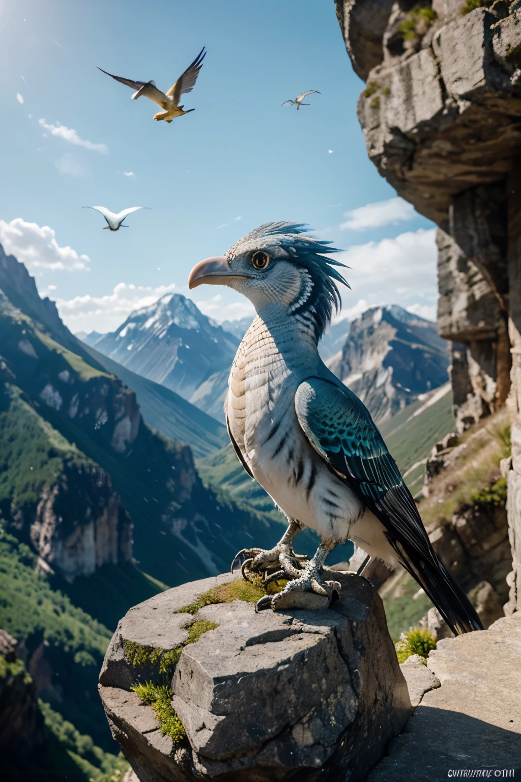 a close up of a bird perched on a rock in the mountains, detailed creature, ancient creature, a surrealistic bird, highly detailed creature, an ancient creature, gryphon, mythical creature, 8 k ultra realistic creature, surrealistic bird, fantasy creature, by Wu Zhen, very detailed birds, intricately detailed scales, great mystical winged serpent, a beautiful detailed orixa