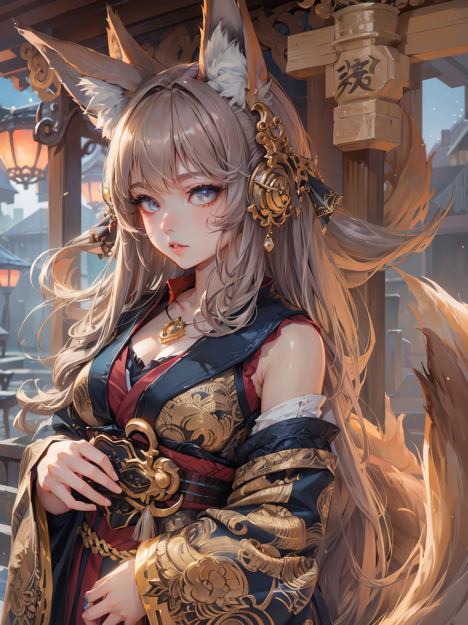 high quality,hd,16k,sharp line,1girl,fox girl ,cute face, large breasts ,nice legs,,focus girl,detailed beautiful face,detailed clothes,beautiful eyes,pretty,dynamic angle
