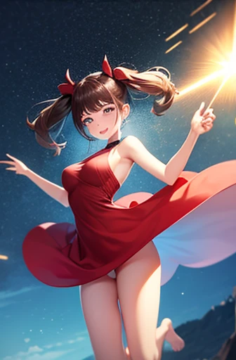 big jump in strong wind, She lifts up the under hem of her beige or white plain One-piece dress, leaning over, Climax, get ecstasy, masterpiece, very short pigtails,brown hair, Hair tie with two big red clothespins, mature, Female robot, android, blue eyes, full body figure, Height: 160cm, flushed cheeks, 2020s anime picture, missionary angle, A beautiful robot with short brown hair in two short pigtails held up by two very large huge red clothespins, Uplifting, No NSFW, whole body, barefoot, masturbate, Laughter, archaic smile, jumping orgasm, 25 years old, little bust, character sheet