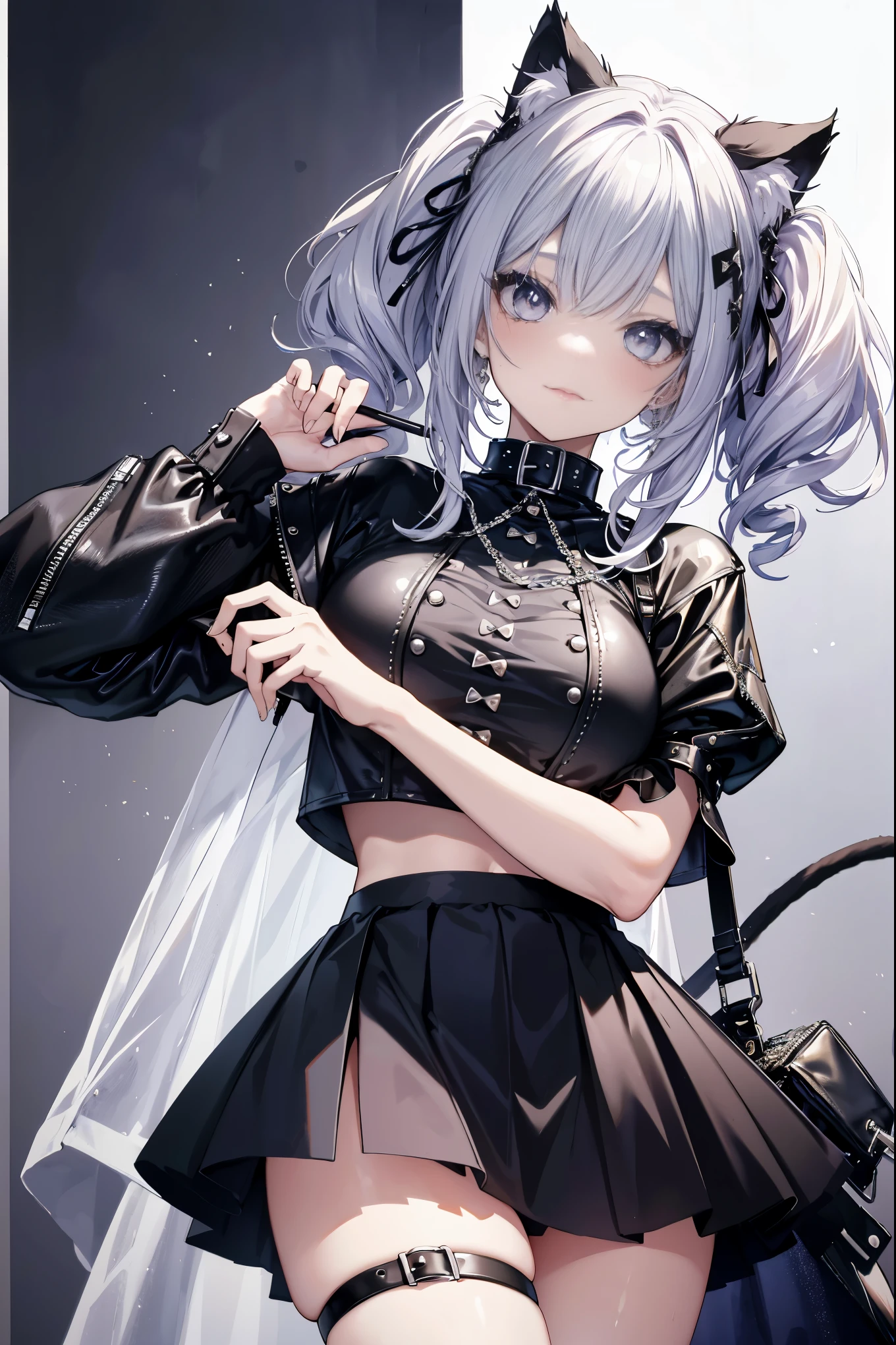 highest quality, masterpiece, long eyelashes, Sparkling輝く目, punk girl, Dressed in punk clothes, super mini skirt, Sparkling, big breasts, Cat ear, silver gradient hair,