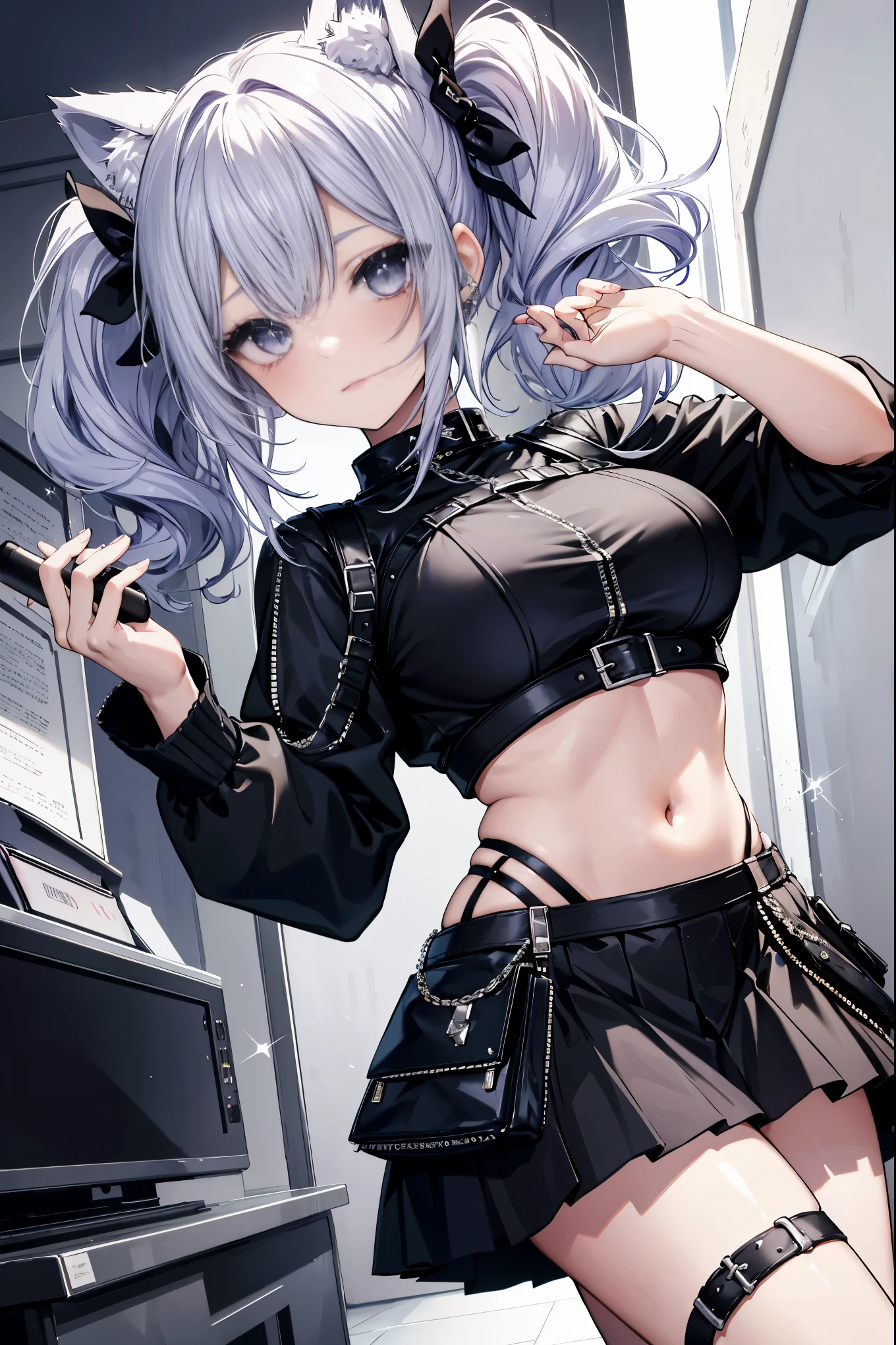 young girl, short gray hair, cat ears, high ponytail, violet eyes, Black leather tight top, white puffy sleeves, black skirt, pantyhouse, turquoise cloak, open breasts, Masterpiece, hiquality