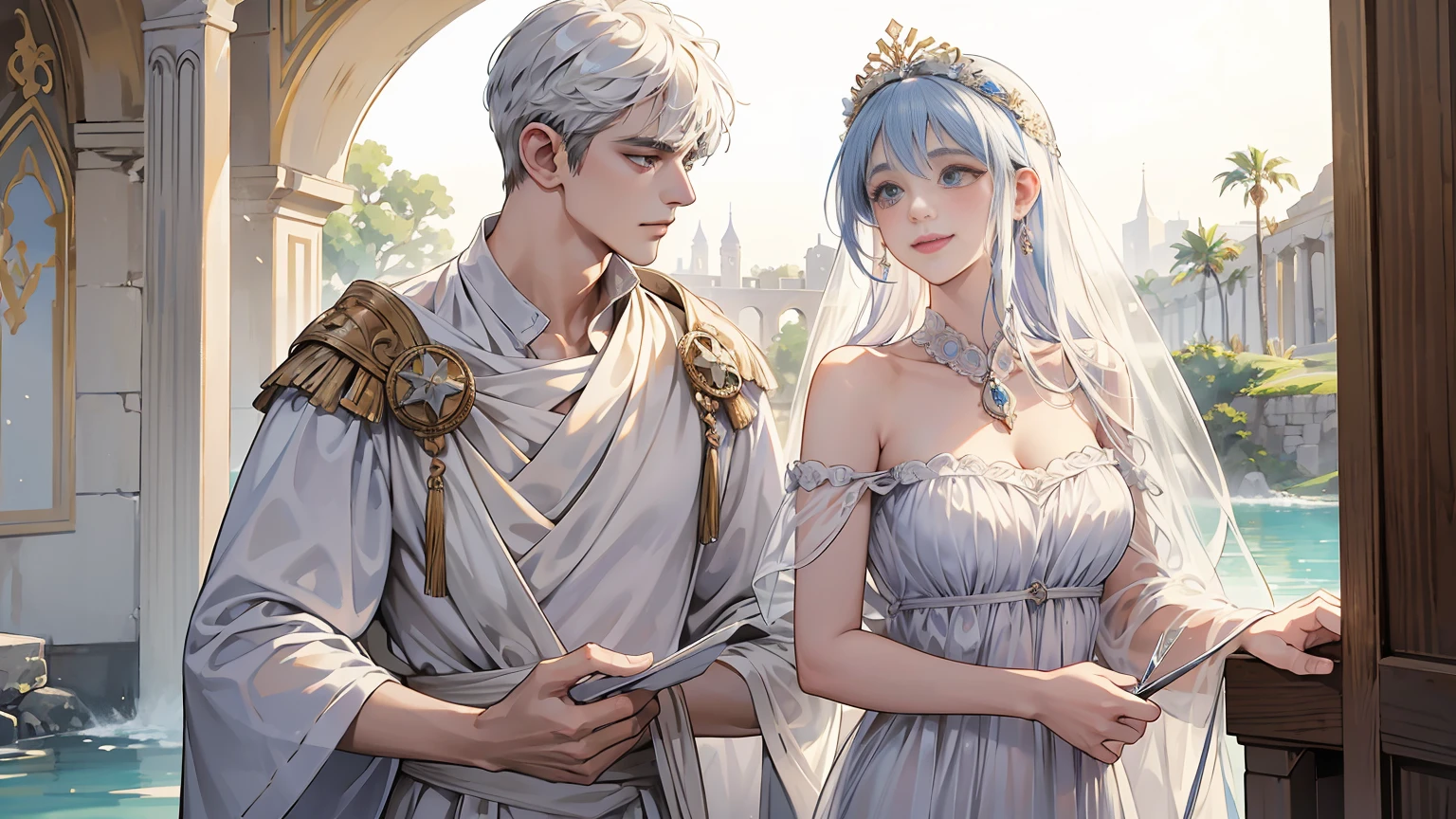 Roman Emperor Constantine the Great and Roman goddess Minerva A couple, beautiful , big watery eyes, looking at each other, smiling and wearing white clothes, delicate hair, an ancient rome beauty and Handsome guy, wearing ancient rome clothing, flowing tulle, light silk,(clean background), ink painting style, clean color, decisive cutting, blank, freehand, masterpiece, super detailed, epic composition, high quality, the highest quality, 4k,8k,32k,
