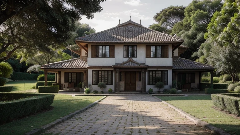 create a realistic image of a luxurious country house seen from a moderate distance. The house must be a typical construction from a rural area, with distinctive architectural features, como telhado inclinado, janelas grandes e uma varanda frontal. The stone path leading to the house must be uneven, com algumas pedras soltas e musgo crescendo em algumas partes. As pedras devem ter diferentes tonalidades de cinza e marrom para refletir sua idade e desgaste.

O entorno da casa deve ser natural e pitoresco, with leafy trees, arbustos e flores silvestres ao redor. O gramado ao redor da casa deve ser verde e bem cuidado, with small imperfections, such as some drier areas or patches of land. Lighting should reflect the nuances of the late afternoon, com sombras suaves e uma luz dourada.

It&#39;s important that the scene feels authentic and inviting, como se estivesse pronta para receber os visitantes para uma estadia tranquila no campo. No entanto, the photographer must not be visible in the image, to maintain the feeling of an invisible observer. Make sure each element of the image contributes to the feeling of serenity and natural beauty.