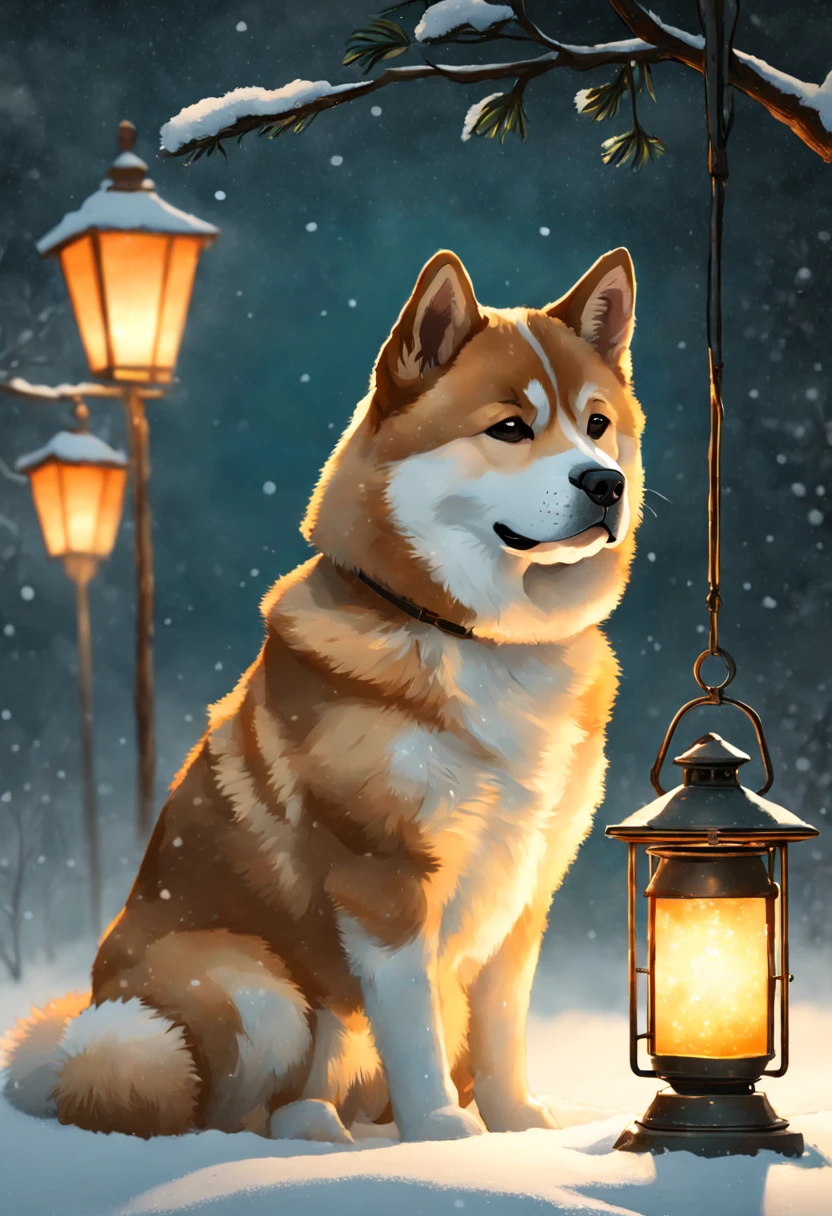 breathtaking Hachiko the Akita-inu in a poignant watercolor, waiting under a softly lit lantern, snow gently falling, (E. H. Shepard illustration style:1.3), (pastel palette:1.1), (emotive brushwork:1.2), (tranquil atmosphere:1.2), (textured paper effect:1.2) . award-winning, professional, highly detailed, 8k resolution concept art by Greg Rutkowski dynamic lighting hyperdetailed intricately detailed Splash art trending on Artstation triadic colors Unreal Engine 5 volumetric lighting Alphonse Mucha WLOP Jordan Grimmer orange and teal