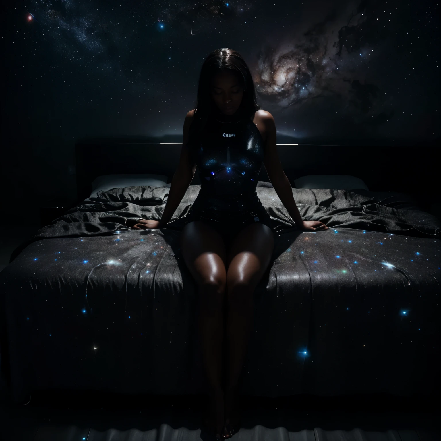 Create a full body shot of a photorealistic image of the universe and galaxy shining inside a black woman, sleeping in an empty dark room, dark room being lit by light projected from the woman's body shining with the galaxy, ultra HD, 32k, photorealistic image, unreal engine rendered,