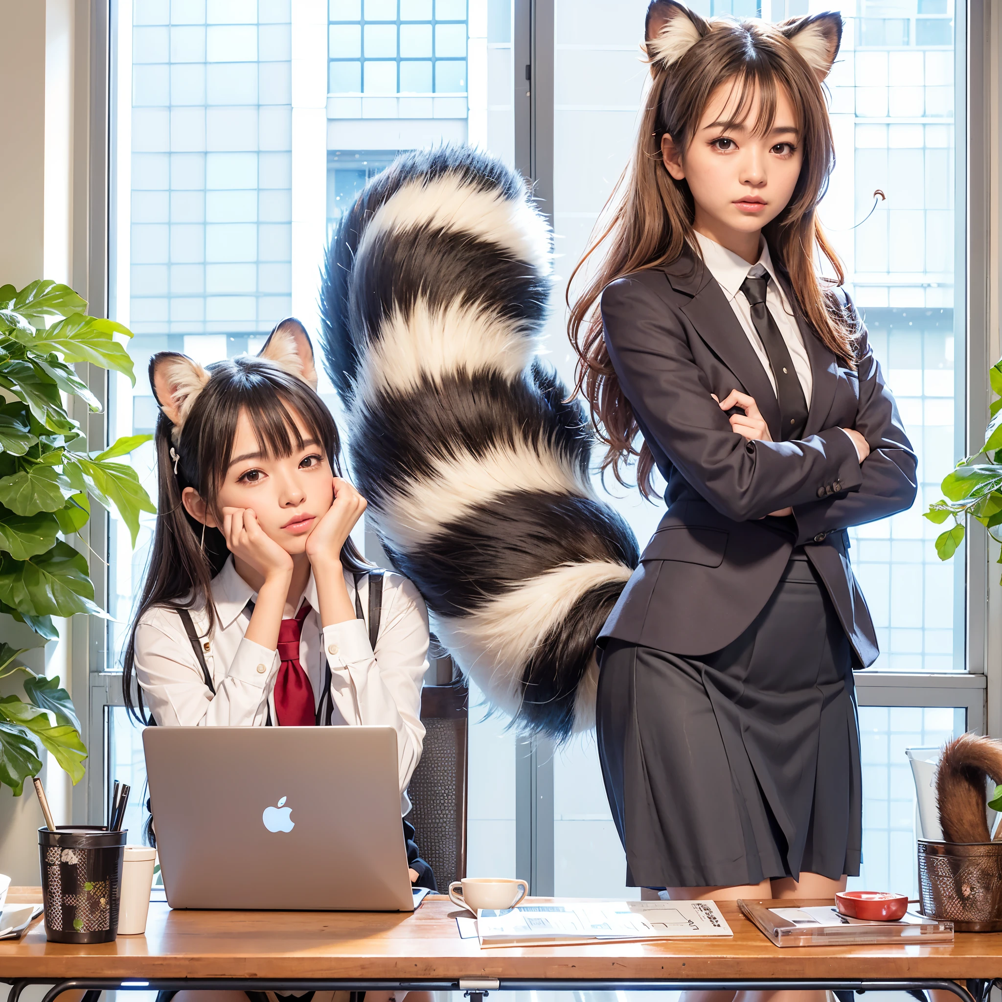 woman stands with a tanuki tail, (software) safe for work, fur with tail, software version, coworkers, realistic style, , realistic style , beautiful girl, photograph, 最high quality, (Her skirt is flipped up and her tail is visible.:1.8) ,Reality, small breasts, slender, white panties,tail from above panties, Tail from inside the skirt, bushy tail, realistic tail, flat chest, (software) safe for work, nffsw, retina, muste piece, Accurate, anatomically correct, super detail, advanced details, high quality, 最high quality, High resolution, 1080p, 4k, 8K, The tail is sticking out from inside the skirt, long tail, troubled face
