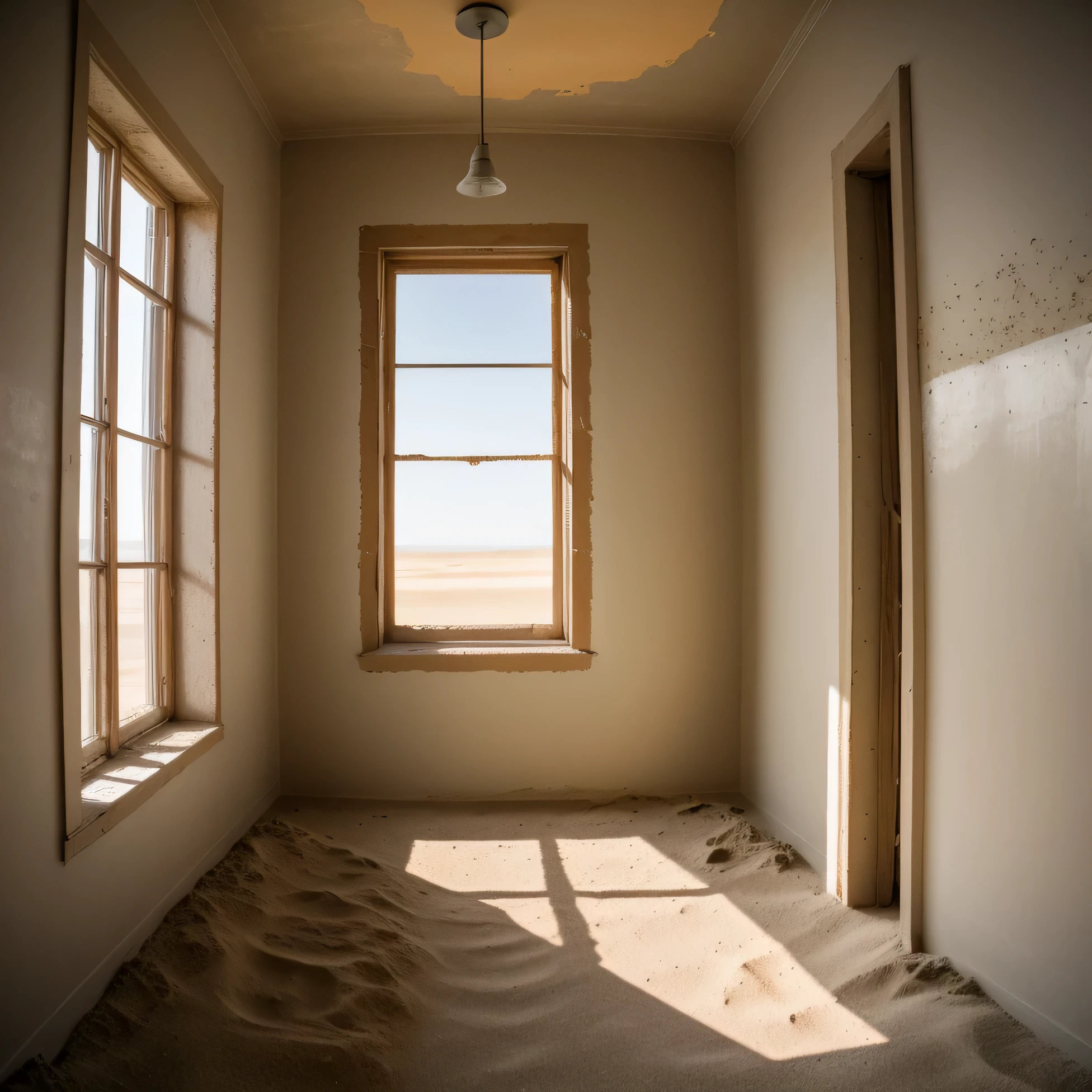 Old house abandoned like the town Kolmanskop with no windows and the point of view in the corridor, the sand is everywhere inside with sand dune, in the room with sun through the windows