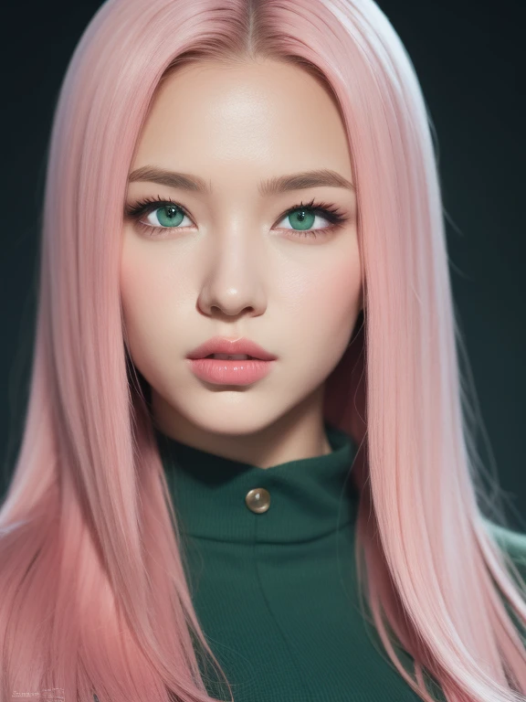 young woman, long bubblegum pink hair, wide forehead, pink eyebrows, big emerald green eyes, buttoned nose, thick lips, heart shaped face, red clothes, Sakura Haruno, realism, realistic, real, 3d, well detailed