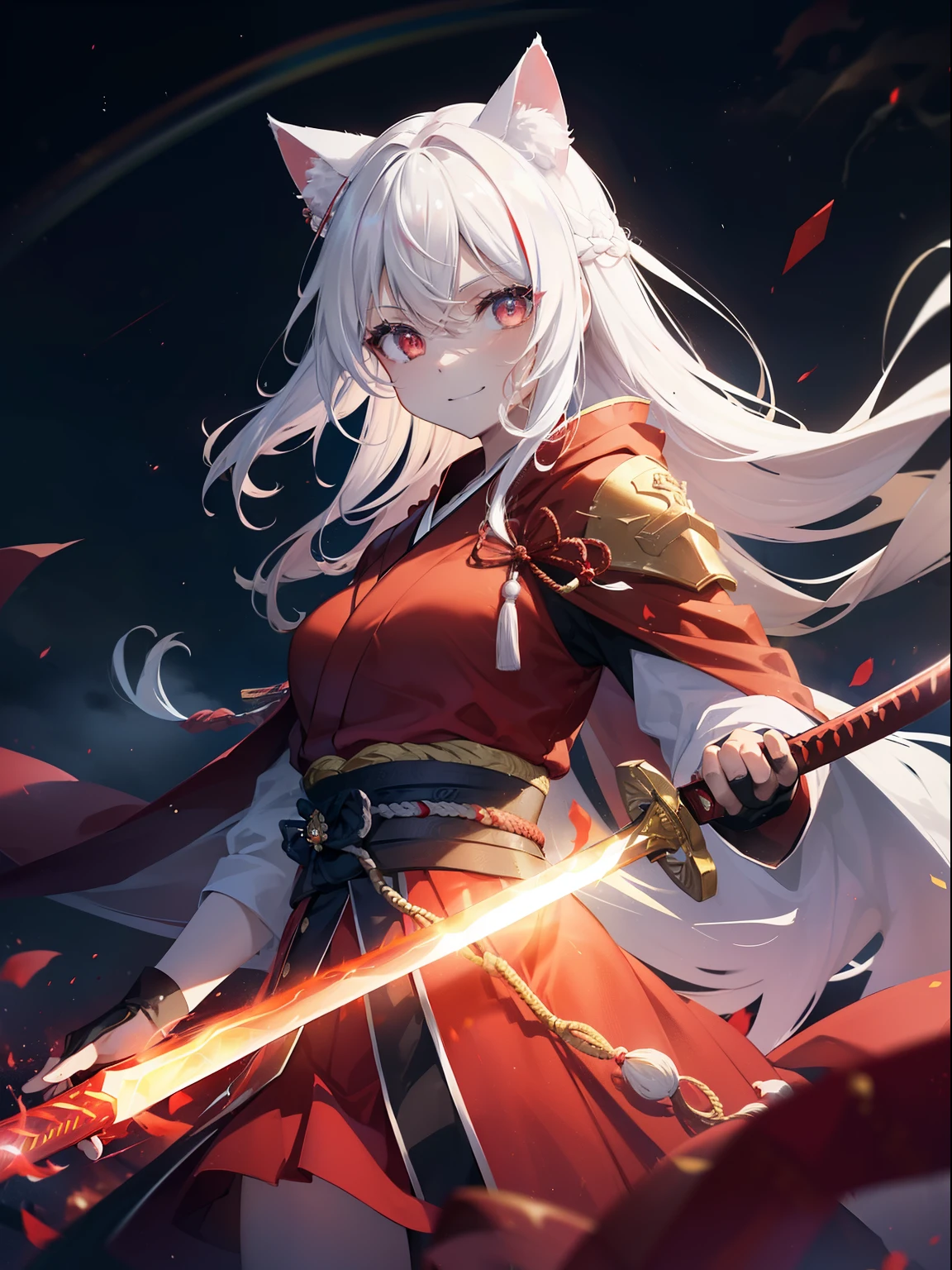 (cat ears:1.3),(Sky Eyes 1.3),(face focus:1.3), (anger, smile:1.3),(gentle features:1.3),(long white hair:1.3), hair is dirty, red eyes,red eyes,red eyes(Eyes are red:1.3), (perfectly detailed eyes:1.3),dynamic angle,black kimono,Black too,Her skin is white,red lightning,Red thunder, Swirling rainbows and lights on complex background、It enveloped me like a serpent in an interstellar wind,(Sword Fighting Pose:1.3),(The red glowing samurai sword:1.3),(red lightningに輝く剣:1.3),She has a samurai sword,Unleash the Blade of Light,highest quality, (Red cloak with war maiden decoration:1.3),Raise the railgun, ((sanpaku))((I am proud)), (Red glowing thunder sword:1.3),(Fiery Red Sword:1.3),Blade of Light,Lens flare, Big rainbow,The moon shines,Star chips, bloom, ((shine of light)), chromatic aberration], digital painting, insane details, intricate details, beautifully color graded, unrealistic Engine, cinematic , color grading, Editorial photograph , photograph, photograph撮影, Canon 5D Camera photograph,Photographed with a 70mm lens, depth of subject, Super sharpness, nffsw, octane number, unrealistic, dramatic light, global illumination,movie film,rainbow,Lens flare,(Moonlight Art:1.3:1.3),(Sengoku:1.3),(Agfacolor:1.3),(close portrait:1.3),(feminine:1.4),(beautiful:1.4),(Charm:1.3),Move an angle,Themed Background,