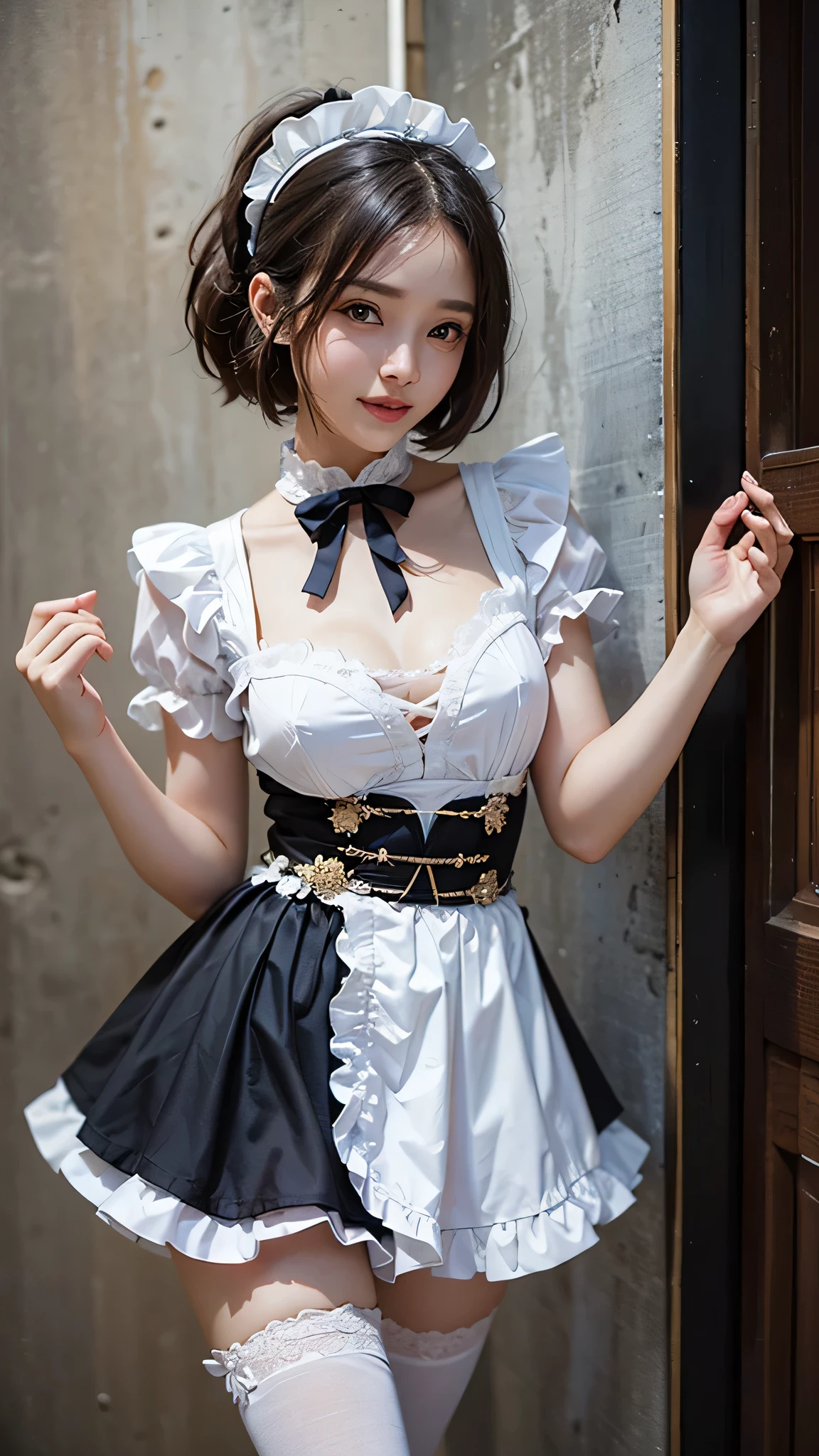 (Close-up:1.4)、(RAW shooting:1.2)、(photorealistic:1.4)、(masterpiece:1.3)、(highest quality:1.4)、solo、7 head and body、(slender and beautiful girl)、cute、(beautiful detailed eyes)、(charming big eyes)、(beautiful double eyelids)、(beautiful and detailed face)、(smile full of joy:1.3)、(Medium chest:1.2)、(cleavage)、(erect nipples:1.2)、(full body shot)、8K、(muste piece:1.2)、(pale blue hair、short bob:1.3)、(Bangs Patsun)、(headdress、white blouse、black ribbon、White Apron、ruffle skirt、puff sleeves、collar、choker、apron with fine ruffles:1.3)、White Knee High Socks、black maid costume、(Sexy model pose with chest sticking out:1.3)、cowboy shot、view audience、(small butt)、(beautiful hands)、(beautiful thighs)、cute系、(perfect anatomy:1.2)、ancient city、