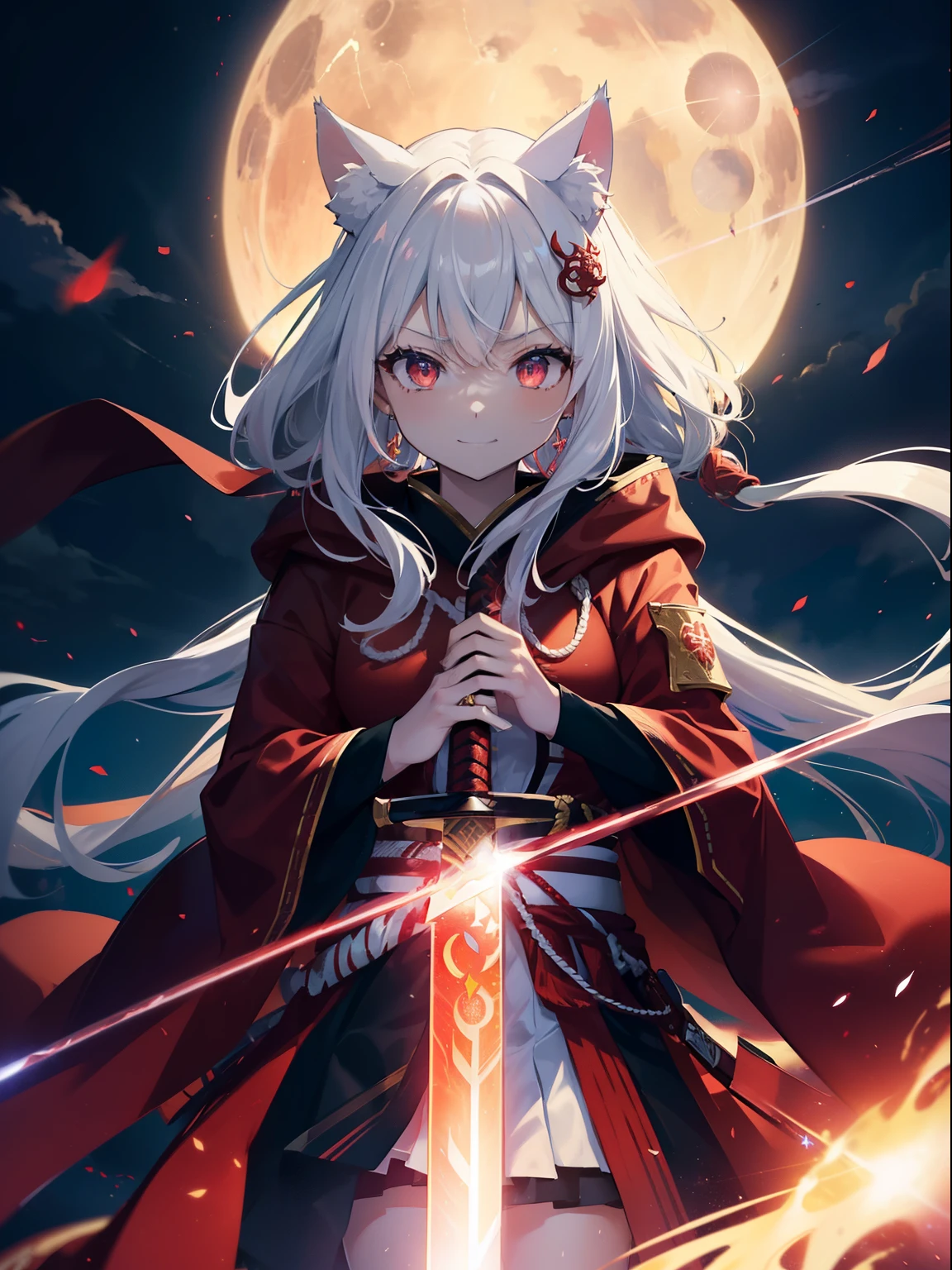 (cat ears:1.3),(Sky Eyes 1.3),(face focus:1.3), (anger, smile:1.3),(gentle features:1.3),(long white hair:1.3), hair is dirty, red eyes,red eyes,red eyes(Eyes are red:1.3), (perfectly detailed eyes:1.3),dynamic angle,black kimono,Black too,Her skin is white,red lightning,Red thunder, Swirling rainbows and lights on complex background、It enveloped me like a serpent in an interstellar wind,(Sword Fighting Pose:1.3),(The red glowing samurai sword:1.3),(red lightningに輝く剣:1.3),She has a samurai sword,Unleash the Blade of Light,highest quality, (Red cloak with war maiden decoration:1.3),Raise the railgun, ((sanpaku))((I am proud)), (Red glowing thunder sword:1.3),(Fiery Red Sword:1.3),Blade of Light,Lens flare, Big rainbow,The moon shines,Star chips, bloom, ((shine of light)), chromatic aberration], digital painting, insane details, intricate details, beautifully color graded, unrealistic Engine, cinematic , color grading, Editorial photograph , photograph, photograph撮影, Canon 5D Camera photograph,Photographed with a 70mm lens, depth of subject, Super sharpness, nffsw, octane number, unrealistic, dramatic light, global illumination,movie film,rainbow,Lens flare,(Moonlight Art:1.3:1.3),(Sengoku:1.3),(Agfacolor:1.3),(close portrait:1.3),(feminine:1.4),(beautiful:1.4),(Charm:1.3),Move an angle,Themed Background,