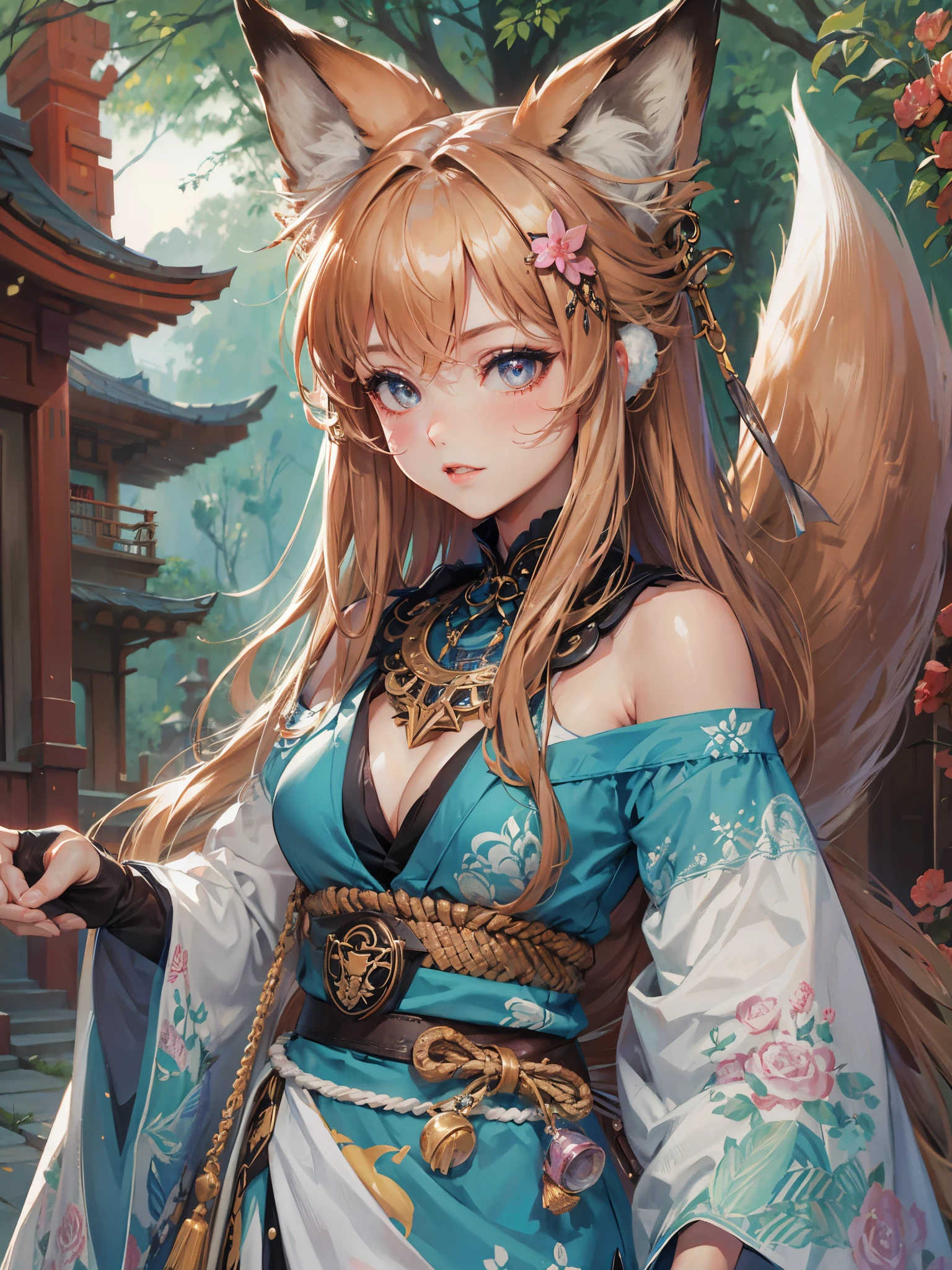 high quality,hd,16k,sharp line,1girl,fox girl ,cute face, large breasts ,nice legs,,focus girl,detailed beautiful face,detailed clothes,beautiful eyes,pretty,dynamic angle