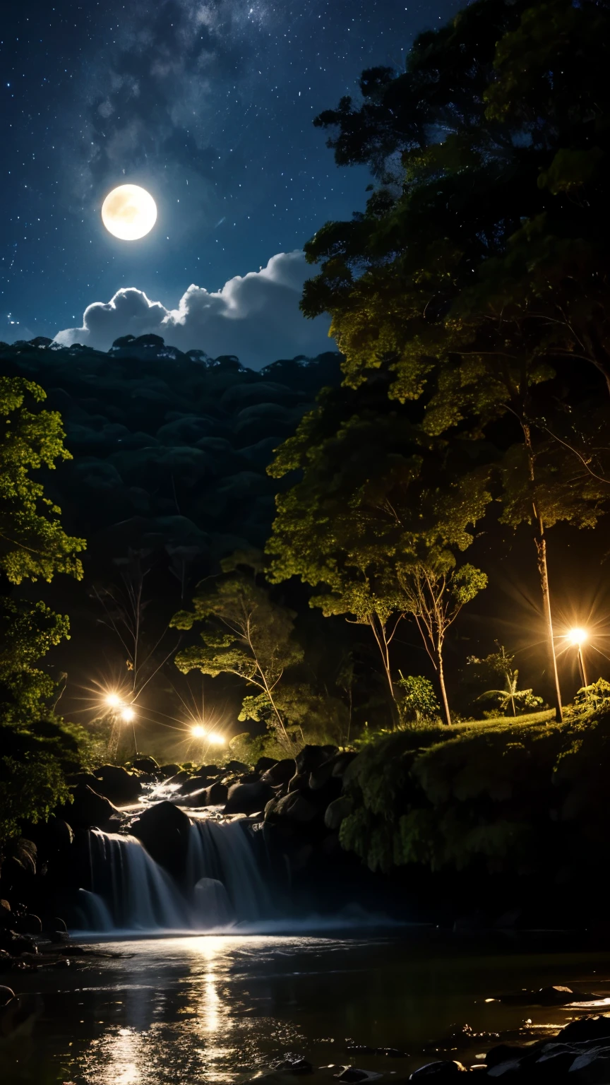 noite de lua cheia, montanhas, cachoeira, floresta.