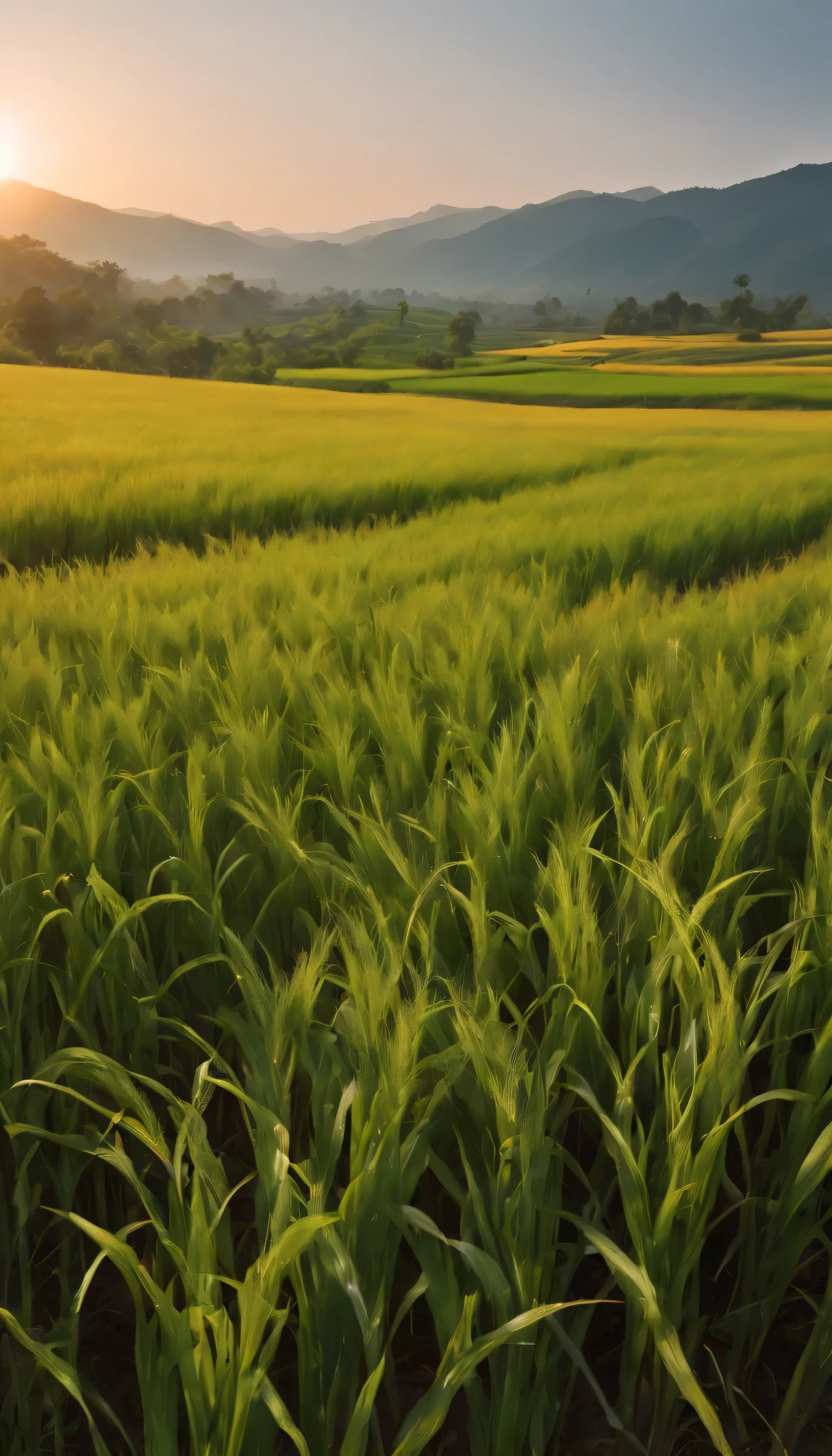 (Highly detailed CG Unity 8k wallpaper、masterpiece、highest quality、Super detailed)、(best lighting、best shadow、very delicate and beautiful)highest quality、8k、Detailed facial depiction、masterpiece、highest quality、Crisp image quality、A photo of the sunset reflected in a rice field