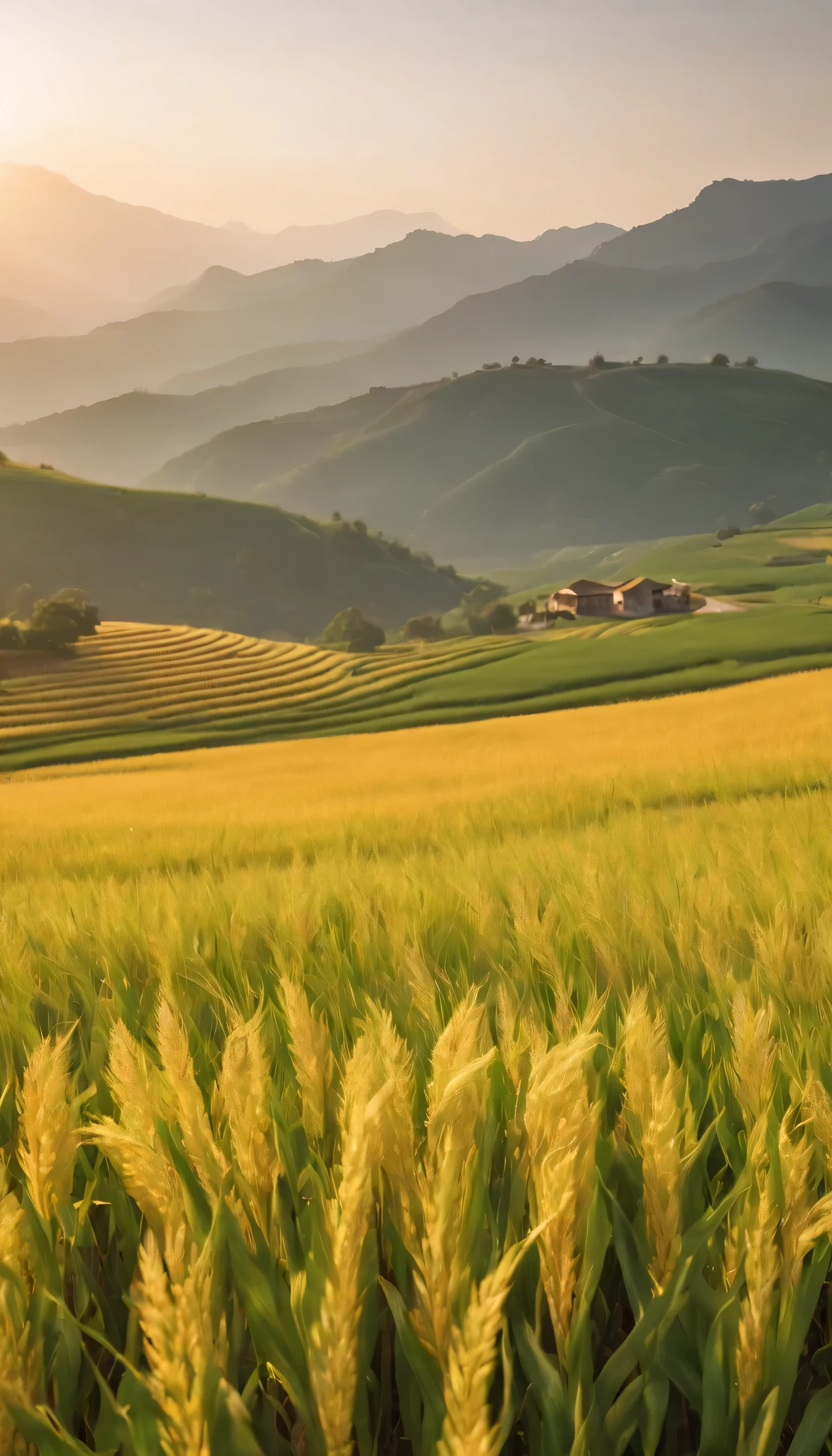 (Highly detailed CG Unity 8k wallpaper、masterpiece、highest quality、Super detailed)、(best lighting、best shadow、very delicate and beautiful)highest quality、8k、Detailed facial depiction、masterpiece、highest quality、Crisp image quality、A photo of the sunset reflected in a rice field