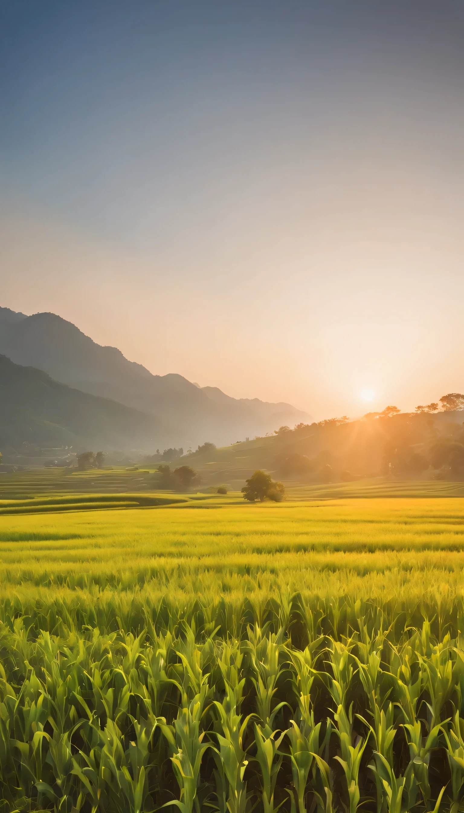 (Highly detailed CG Unity 8k wallpaper、masterpiece、highest quality、Super detailed)、(best lighting、best shadow、very delicate and beautiful)highest quality、8k、Detailed facial depiction、masterpiece、highest quality、Crisp image quality、A photo of the sunset reflected in a rice field
