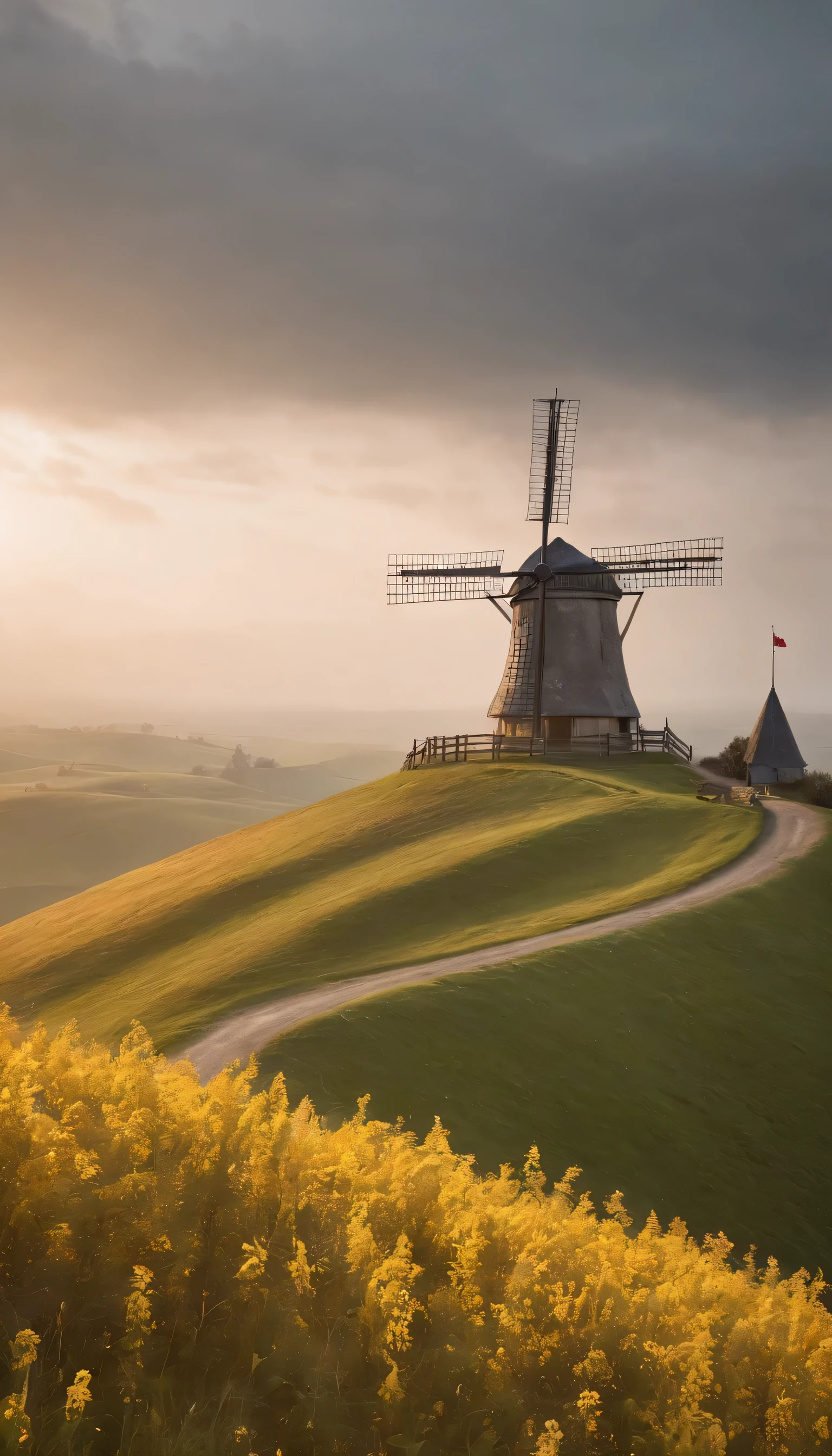 (Highly detailed CG Unity 8k wallpaper、masterpiece、highest quality、Super detailed)、(best lighting、best shadow、very delicate and beautiful)highest quality、8k、Detailed facial depiction、masterpiece、highest quality、Crisp image quality、A photo of a windmill built on a hill and the flow of clouds