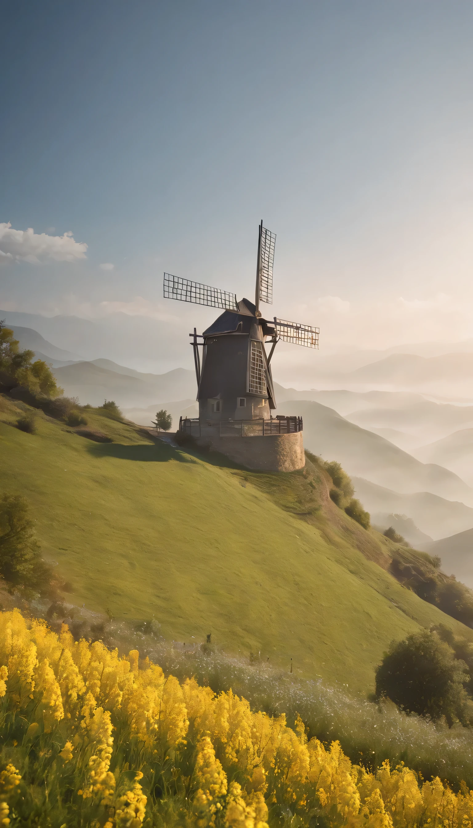 (Highly detailed CG Unity 8k wallpaper、masterpiece、highest quality、Super detailed)、(best lighting、best shadow、very delicate and beautiful)highest quality、8k、Detailed facial depiction、masterpiece、highest quality、Crisp image quality、A photo of a windmill built on a hill and the flow of clouds