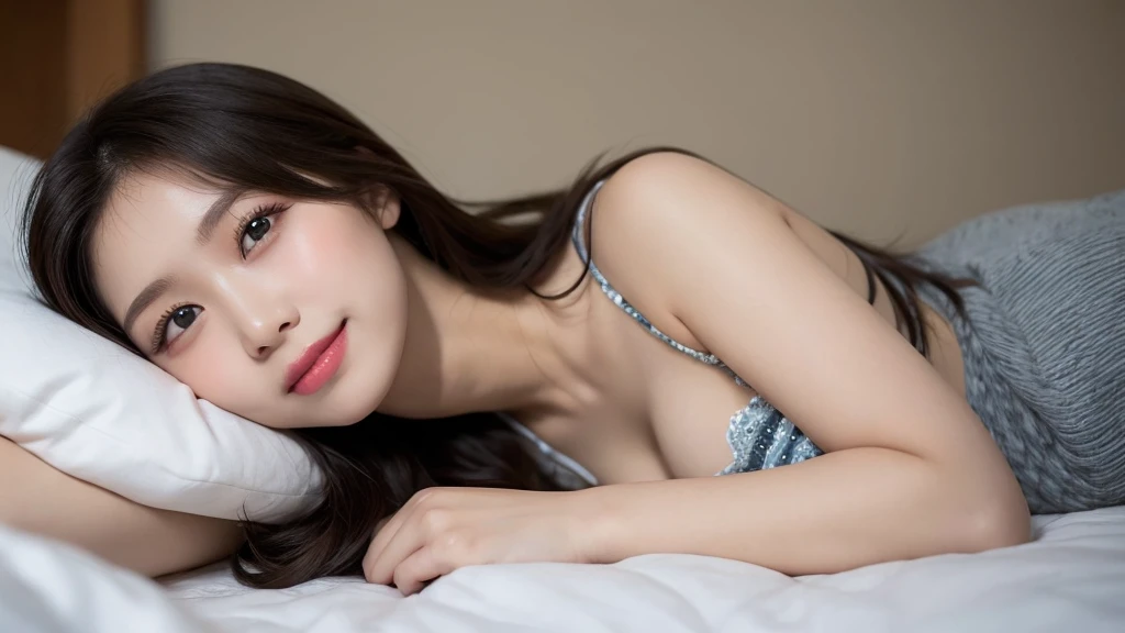 table top, highest quality, shape, Super detailed, finely, High resolution, 8k wallpaper, 完璧なダイナミックな構shape, on the bed,one girl, beautiful and detailed eyes, pajamas, ランダムなcute髪,natural color lip, lie in bed, Co-sleeping,bold sexy pose,smile、20 year old girl、cute、sexy shot looking at camera,Always blur the background,perfect and beautiful face,beautiful and detailed face、slim face and style,perfect hands, Big eyes、Do gal makeup